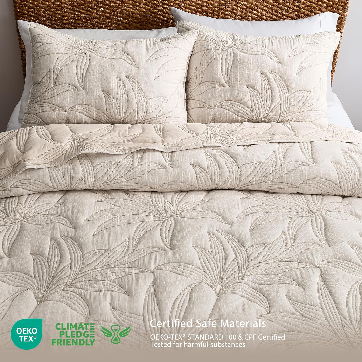 WDCOZY Beige Leaf Embroidered Quilt Set, Queen Size, Lightweight, 3 Pieces