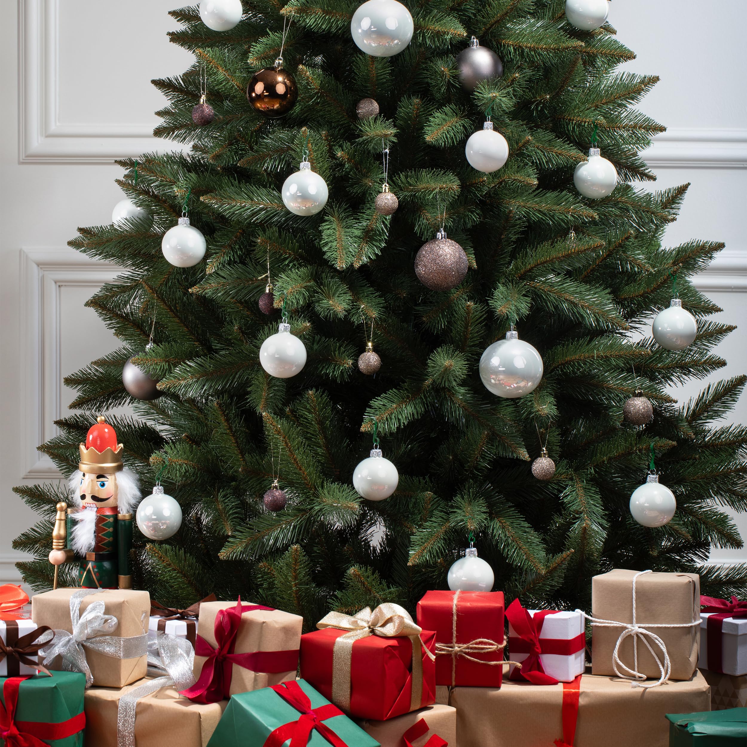 FAIRYTREES Épicéa Naturel, Tronc Vert, Sapin de Noël Artificiel, matériel PVC, Socle en Bois, 220cm