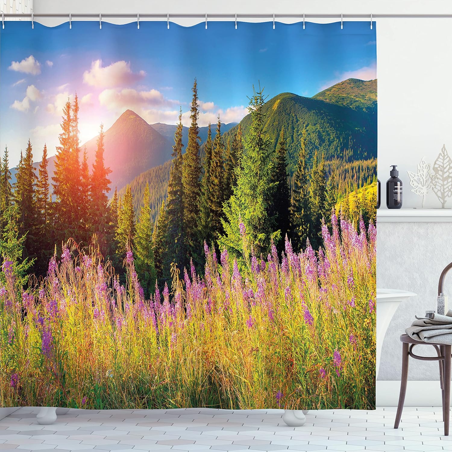 Ambesonne Landscape Shower Curtain, Fall Landscape Picture in Mountains with Flowers Alpine Trees Forest at Sunrise, Cloth Fabric Bathroom Decor Set with Hooks, 69" W x 75" L, Green Pink