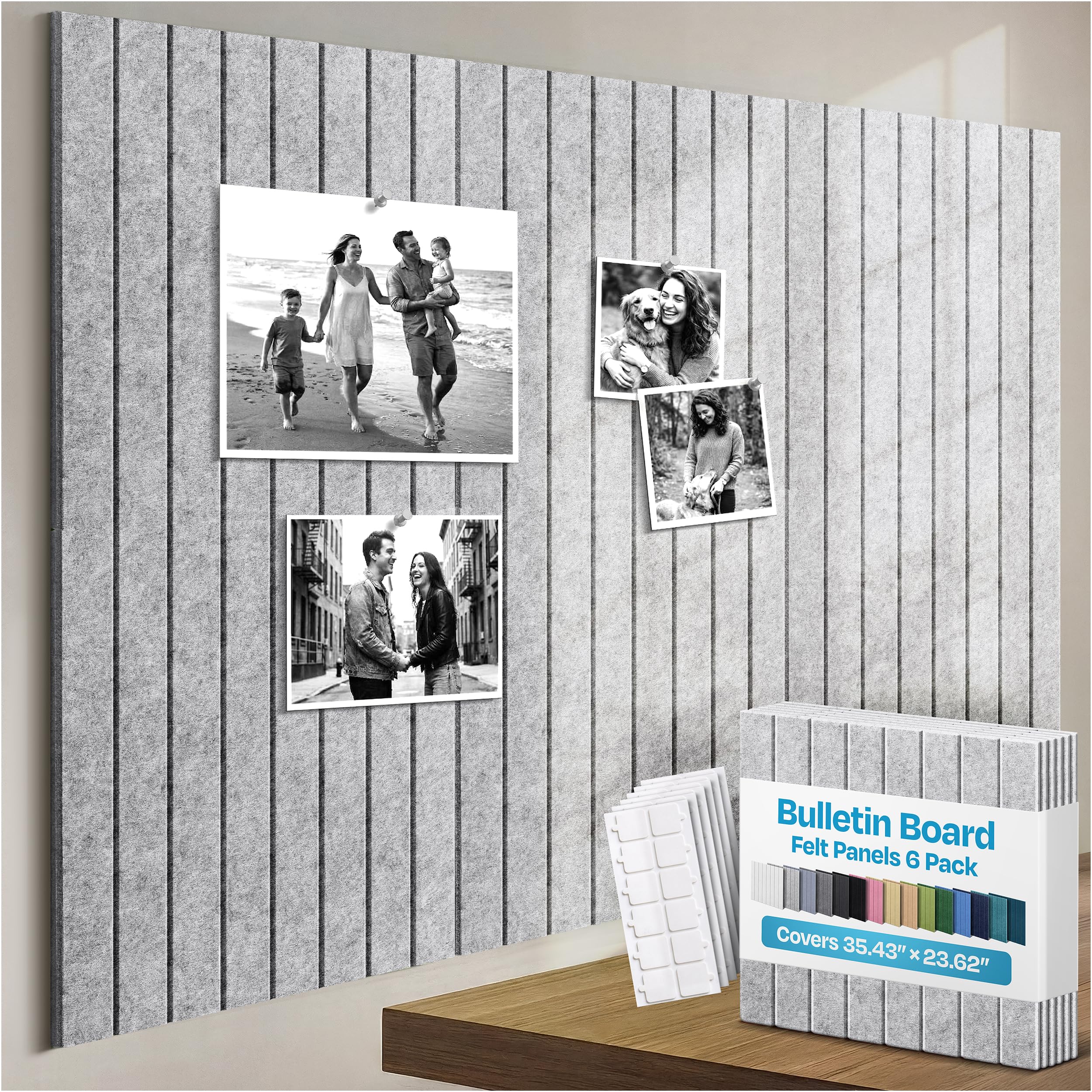 Large Cork Board Alternative 6-Pack Felt Bulletin Board Thick and Decorative Pin Board for Home Office Walls 35.43 x 23.62 Inches with 36 Adhesive Tabs - [Light Gray]