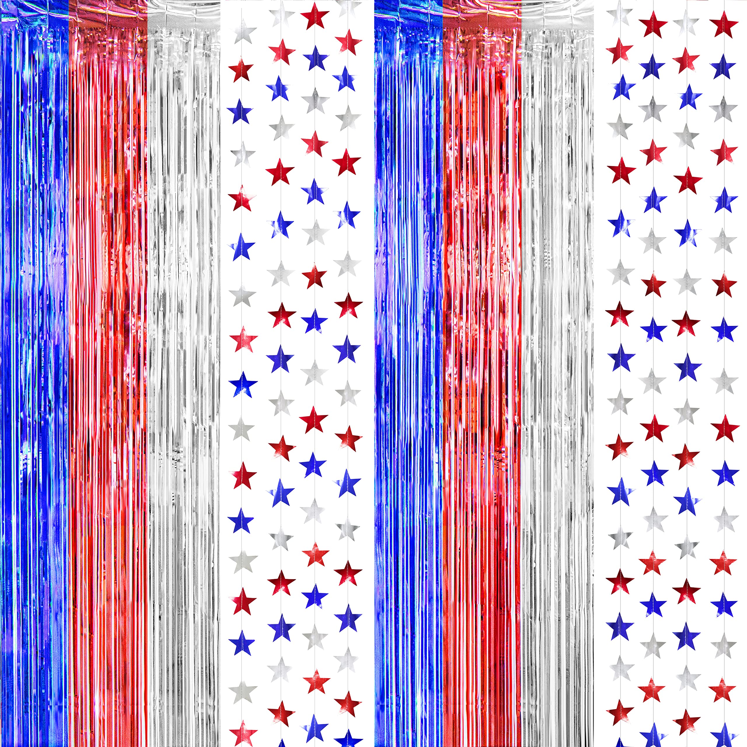 Decor365 Red Blue Silver Fringe Curtains Backdrop Patriotic Party Decorations Star Garlands Streamers 4th July Independence Day Veterans Day Labor Day Memorial Day Birthday Party Supplies