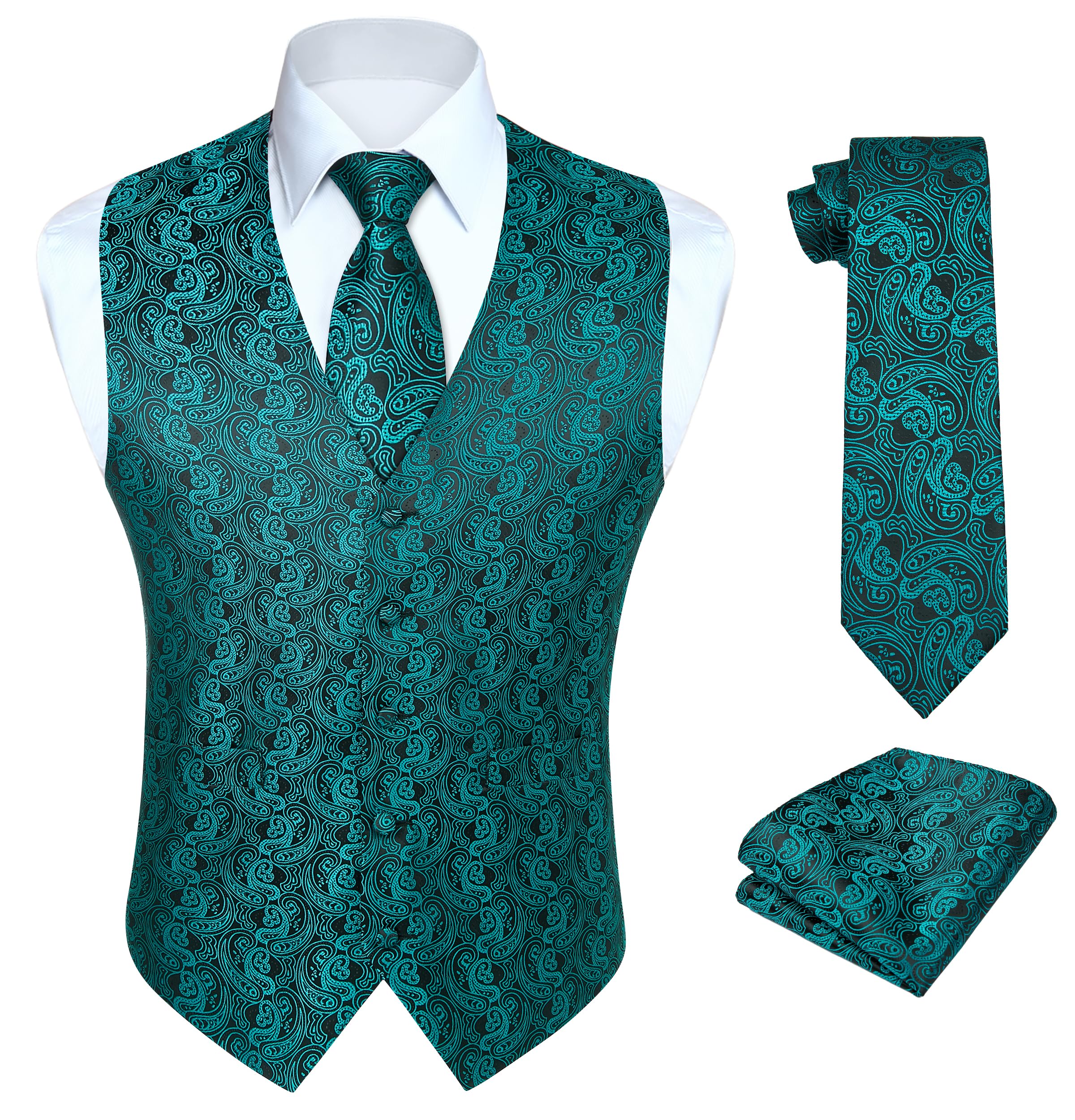 HISDERN Mens Vest Tie Set 3PC Formal Waistcoat Paisley Floral Jacquard Necktie Pocket Square Suit Vests Wedding Party