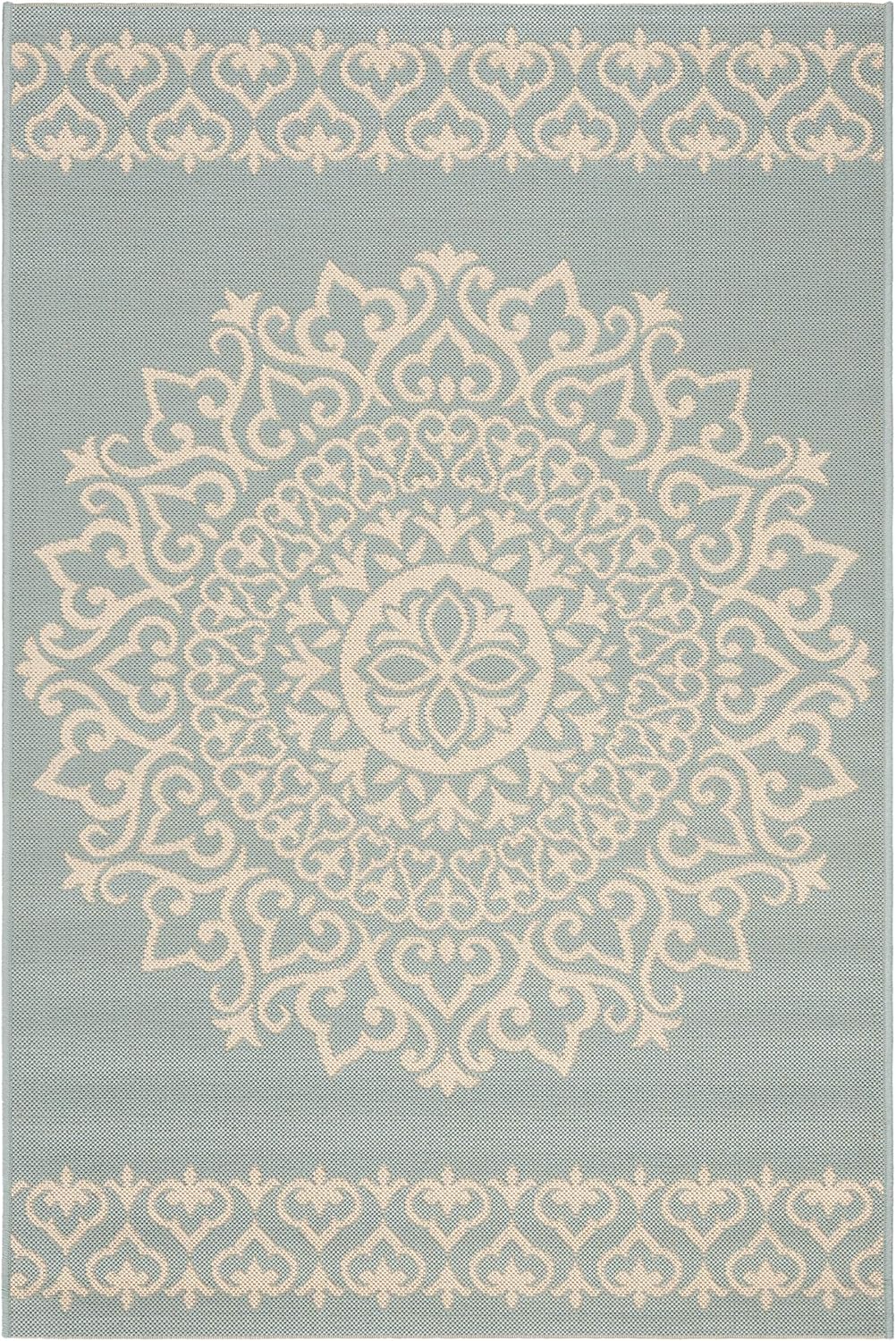 SAFAVIEH Beach House Collection 4' x 6' Cream / Aqua BHS183L Indoor/ Outdoor Non-Shedding Easy Cleaning Patio Backyard Porch Deck Mudroom Accent Rug