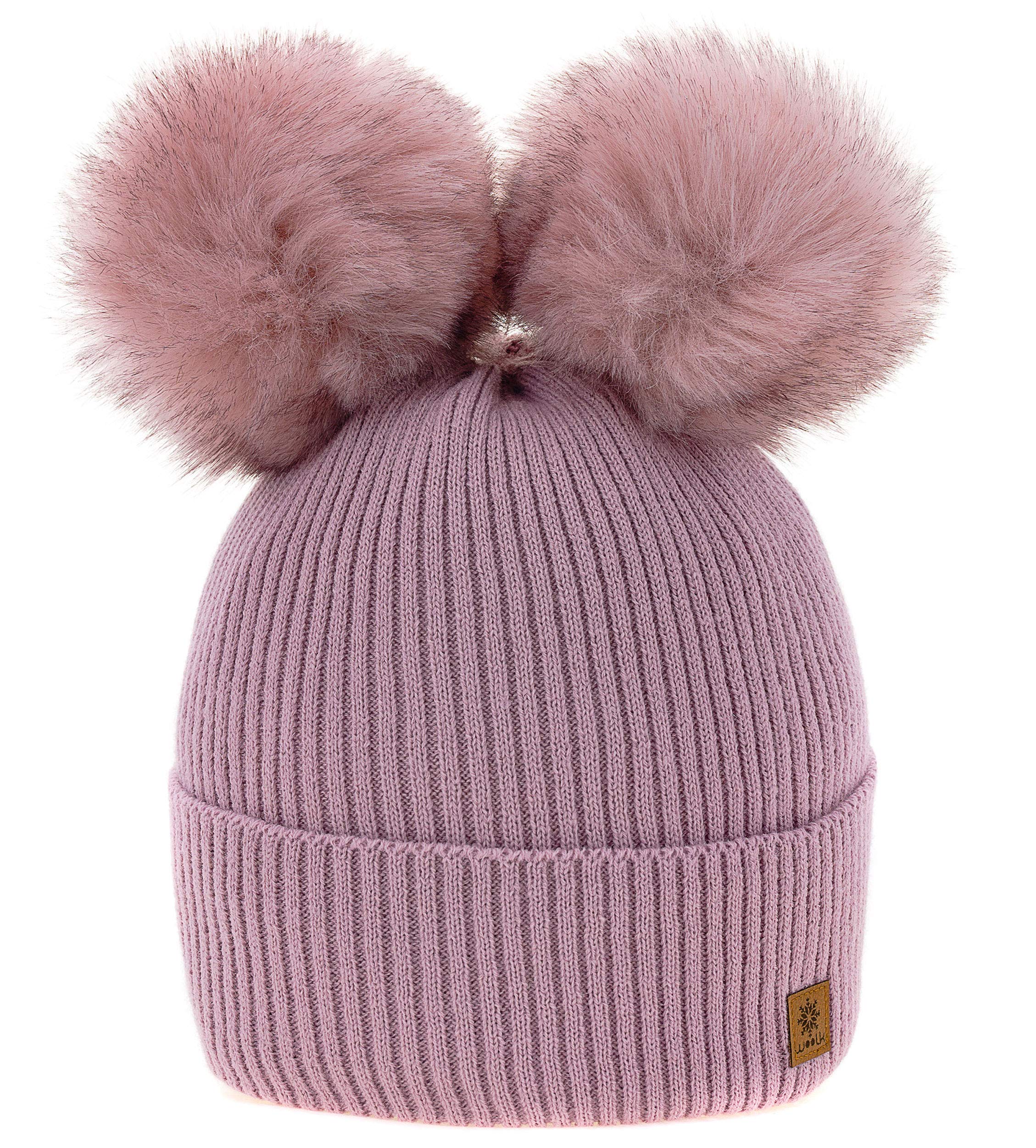 Girls Boy Winter Beanie Hat Knitted Hats Kids Girl With Double Pom Pom Youth Hat MFAZ Morefaz Ltd (A Rose Pink)