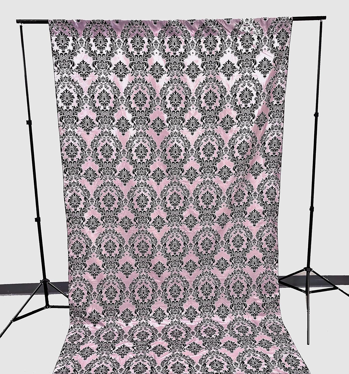 New Creations Fabric & Foam Inc, Damask Flocking Taffeta Backdrop Drape Curtain Panel, Set of 1, (Black on Pink, 5 Feet Wide x 15 Feet High)