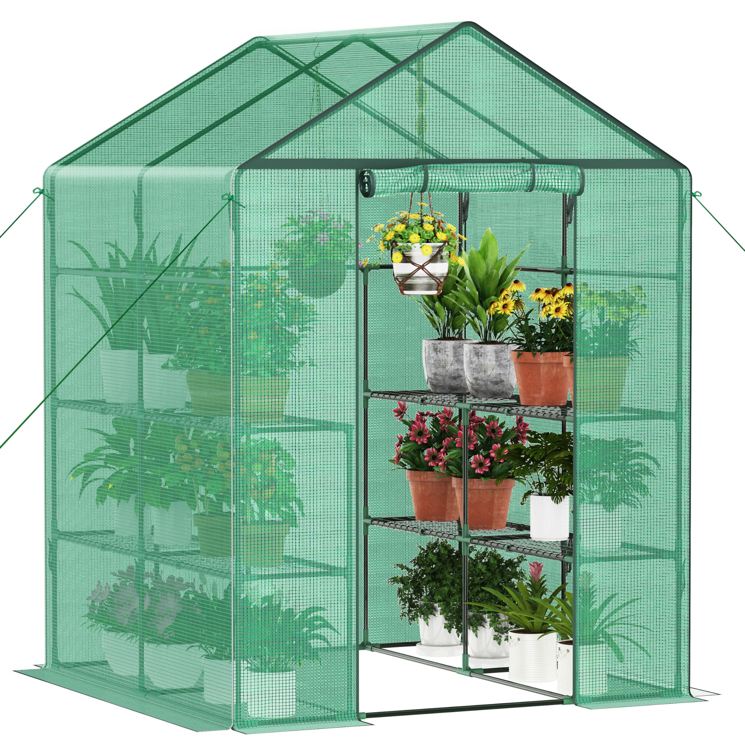Ribelli Invernadero de plástico con Puerta Enrollable, 143 x 195 x 143 cm, 4 estantes, Resistente al Invierno, lámina de Polietileno, cobertizo de jardín para Plantas, Verduras, Flores, Verde