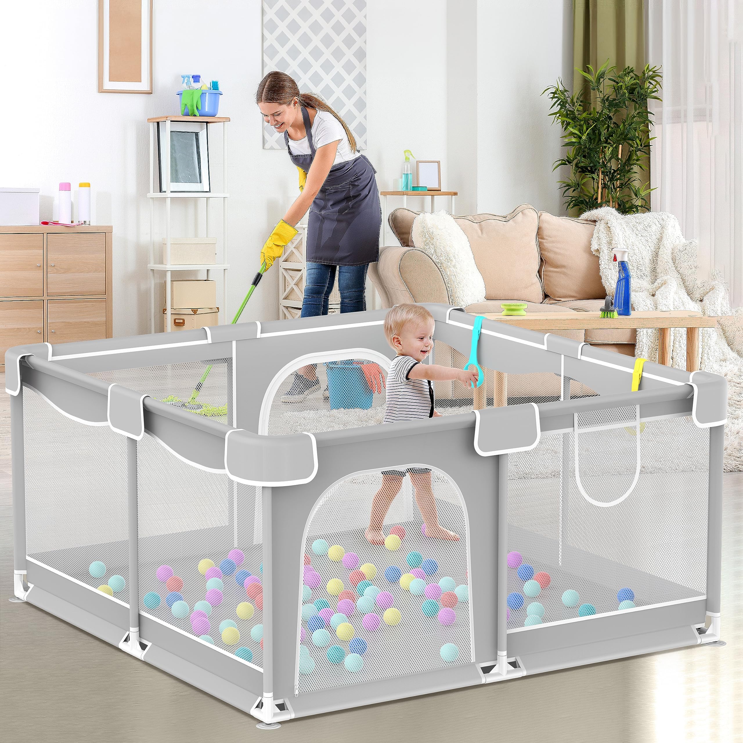 Baby Playpen, Playpen for Babies and Toddlers, Indoor & Outdoor Kids Activity Center, Large Baby Play Pen Playard, Sturdy Safety Baby Play Pen with Breathable Mesh, Anti-Fall Play Pen B