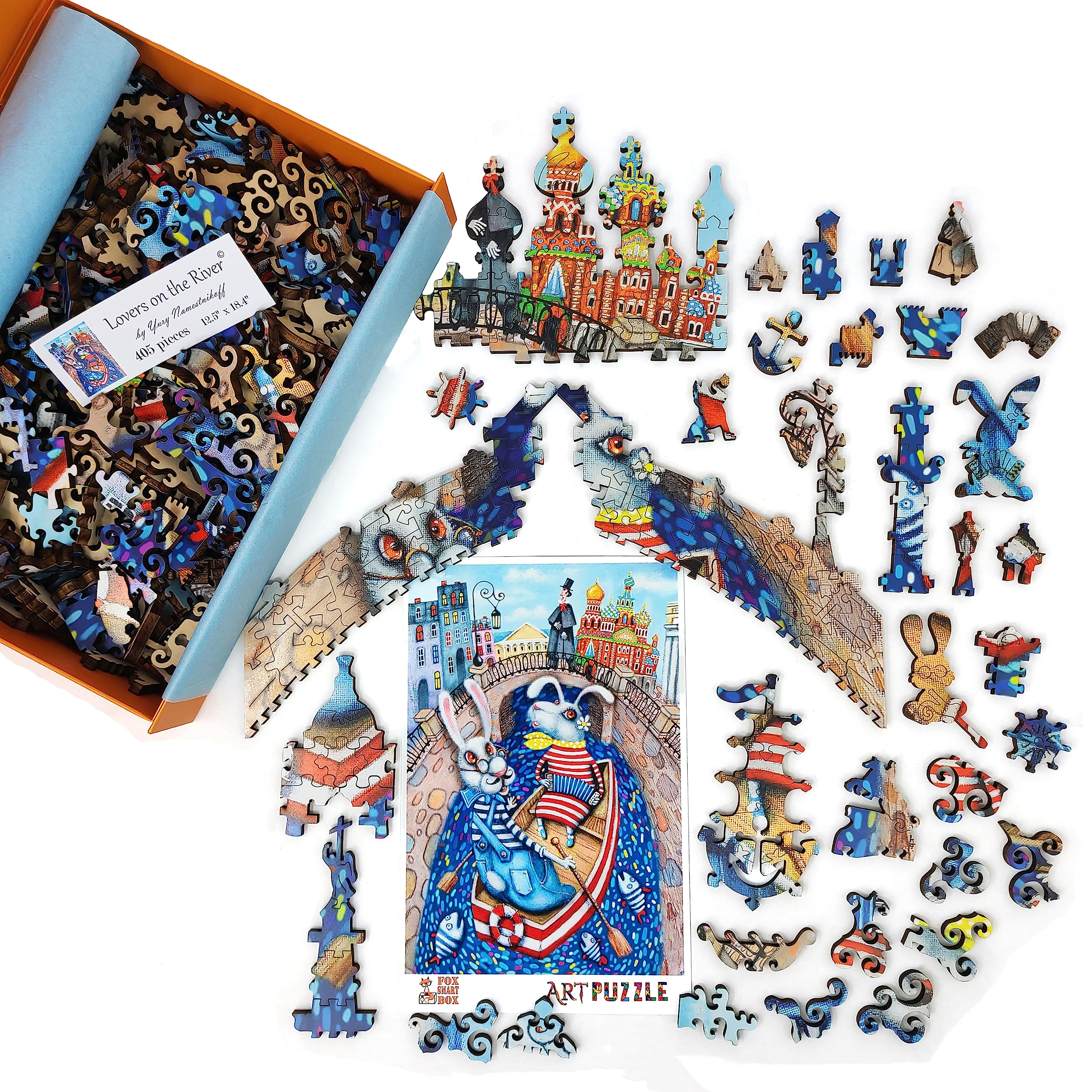 FoxSmartBox - Puzzle in legno per adulti, forma unica, 405 pezzi, motivo: amanti del fiume