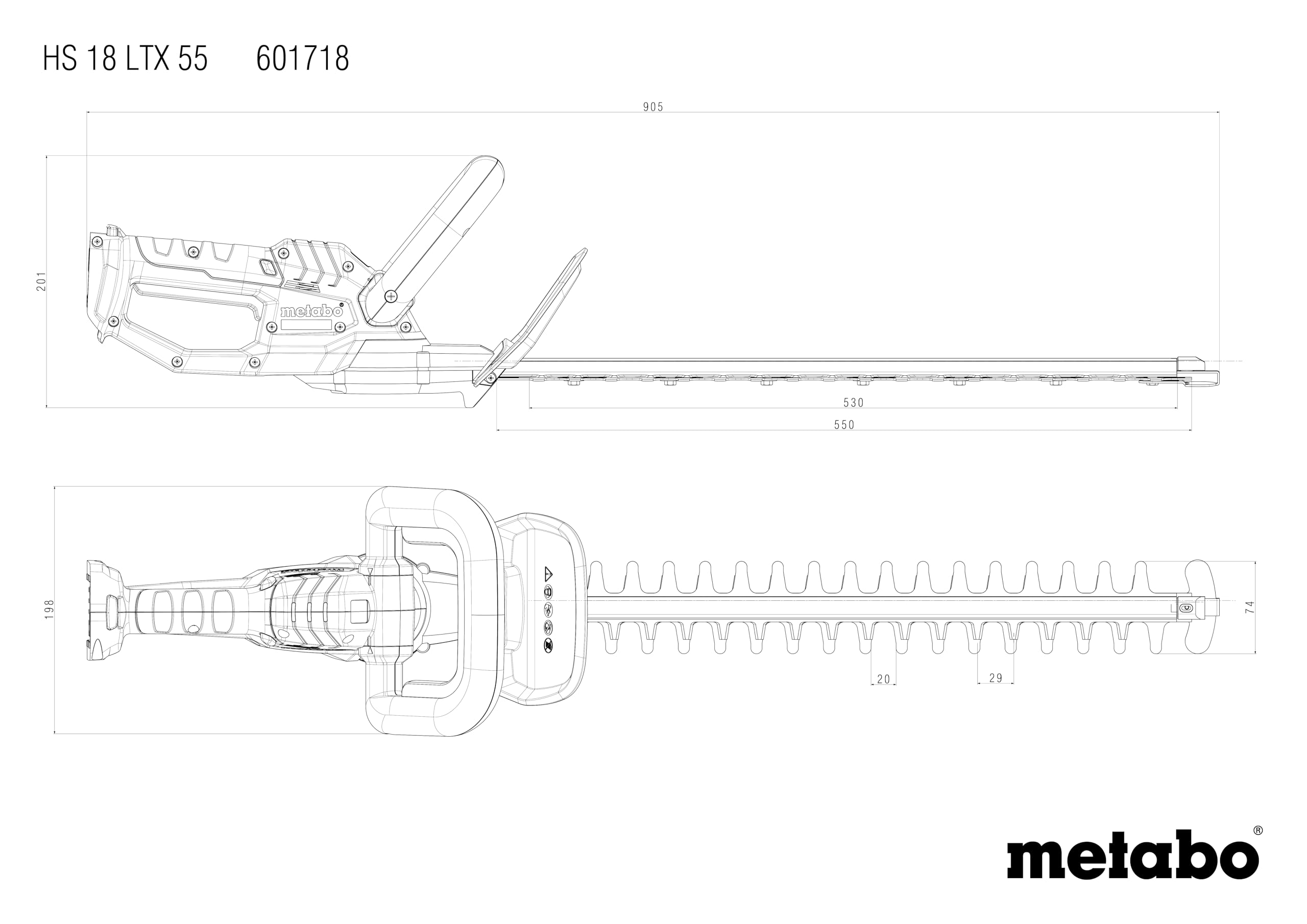 metabo Cortasetos a Batería HS 18 LTX 55, Podadora de 18V para Jardín | Herramienta silenciosa con cuchillas láser de 55 cm, parada rápida en 0.08 s, sin batería ni cargador incluidos