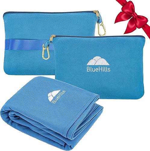 BlueHills Manta de viaje compacta y ligera, tamaño de bolsillo, para avión, esencial, viaje de vuelo, en bolsa, funda portátil, accesorio de avión,