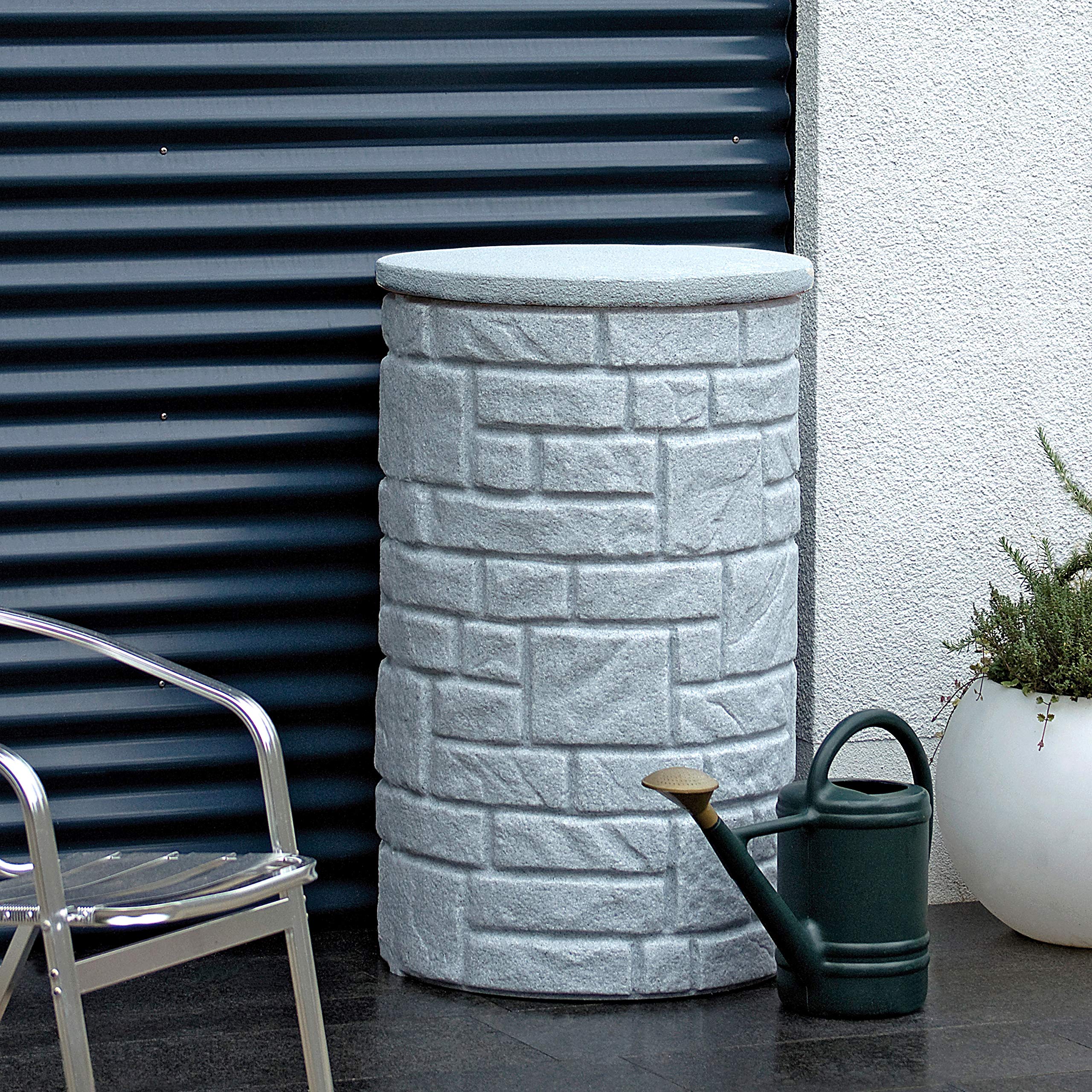 Serbatoio dell'acqua piovana rotondo Arcado, 460 litri, colore antracite, in materiale resistente ai raggi UV e alle intemperie, con coperchio a prova di bambino e connettori in ottone di alta qualità
