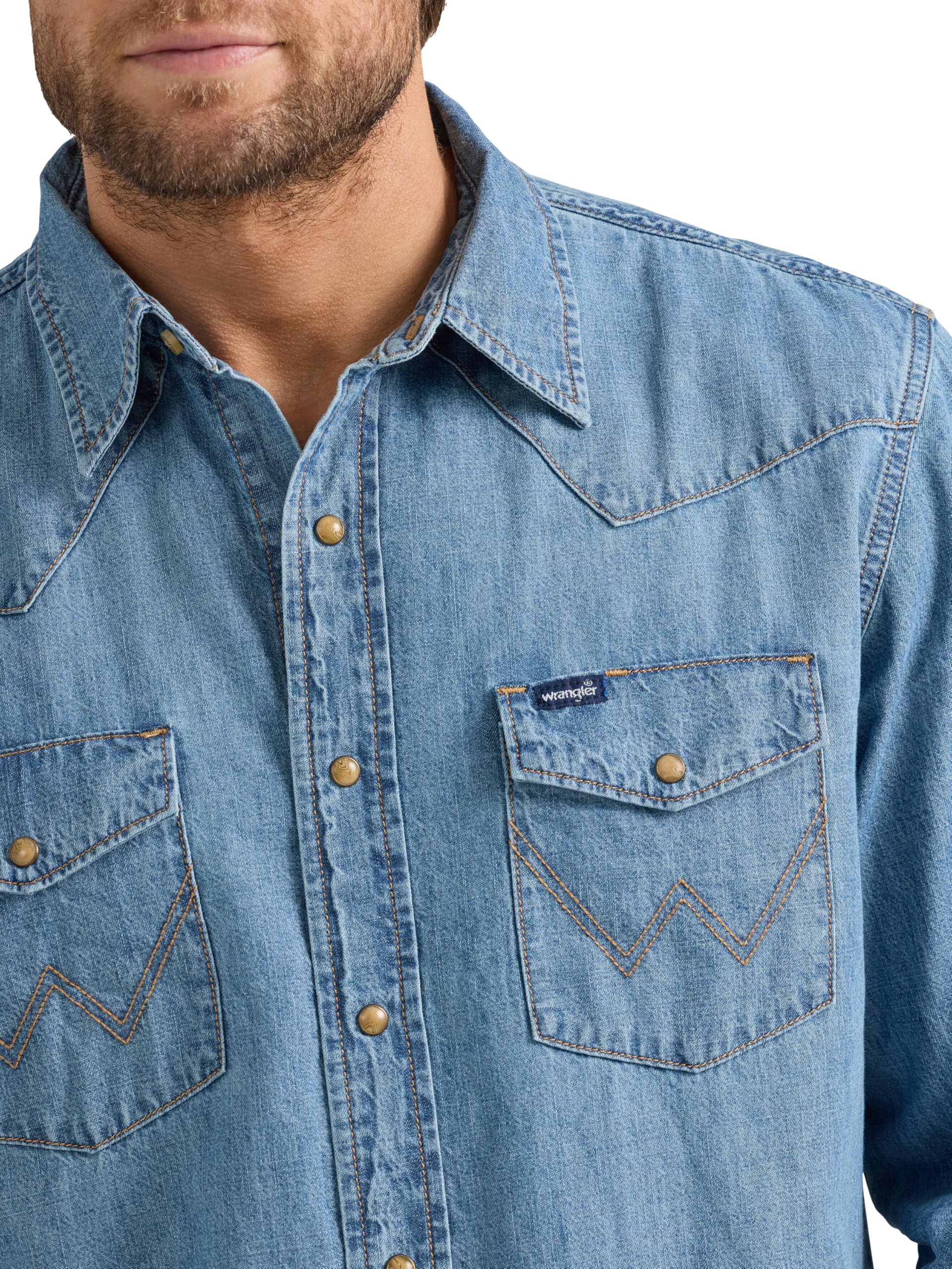 Wrangler Męska koszula dżinsowa z długim rękawem na zatrzaski, lekki dżins, XXL, Lekki dżins, XXL