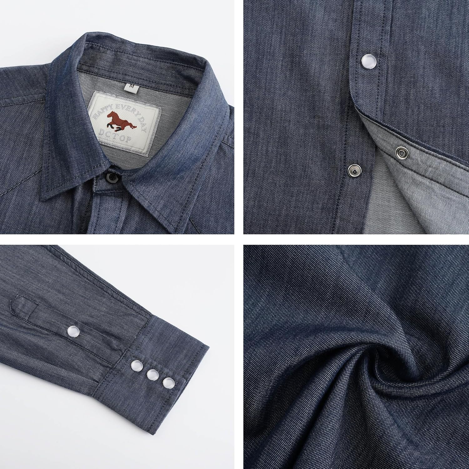 Pearl snap Men's Denim Shirts Long Sleeve Western Cowboy Button up Solid Work Cotton Shirts - Image 3