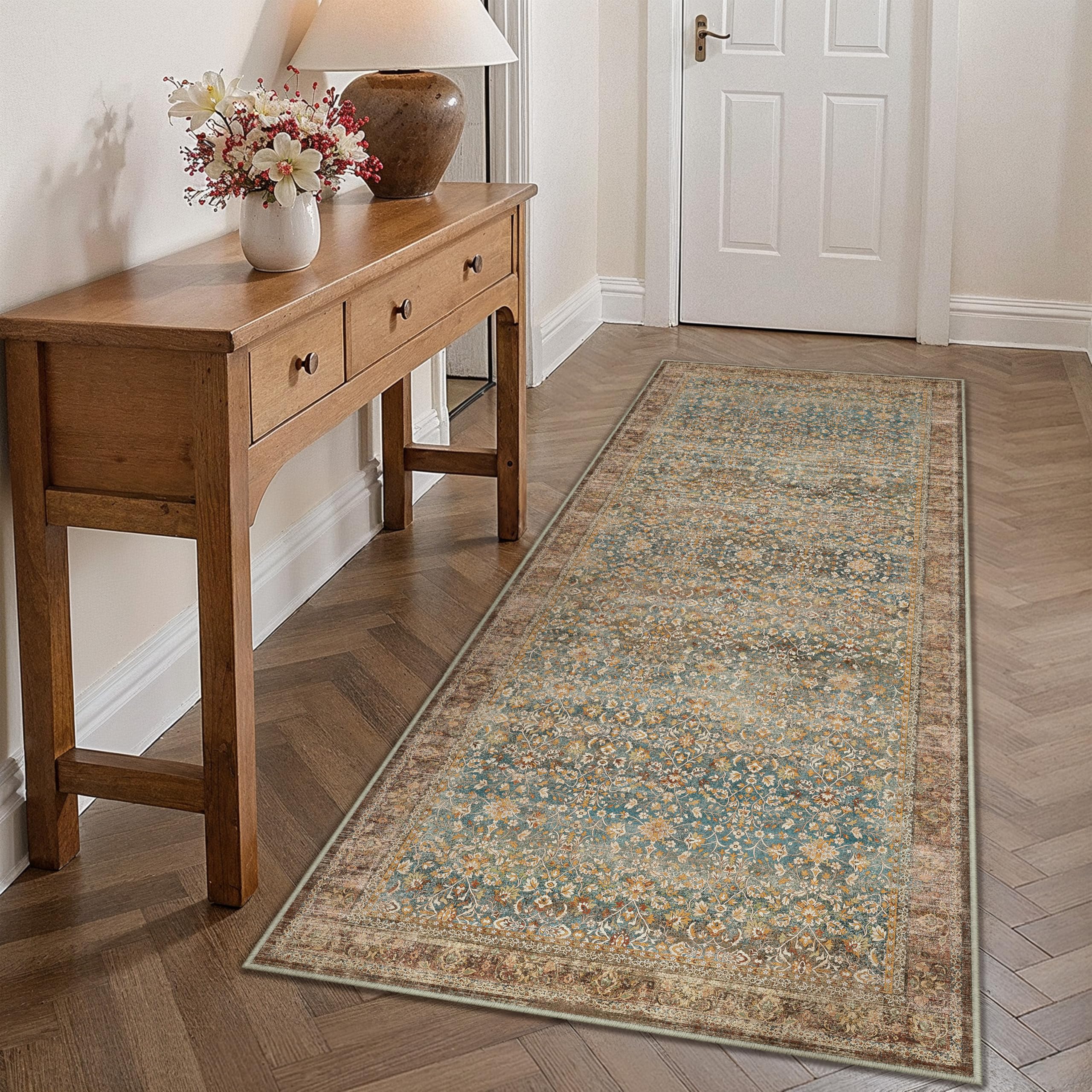 PureCozy Vintage Tappeto Corridoio 60x180cm Passatoia Cucina Antiscivolo Lavabile in Lavatrice Rosso Tappeti Cameretta Sala Ufficio Scendiletto Camera da Letto Pelo Corto Lungo Carpet