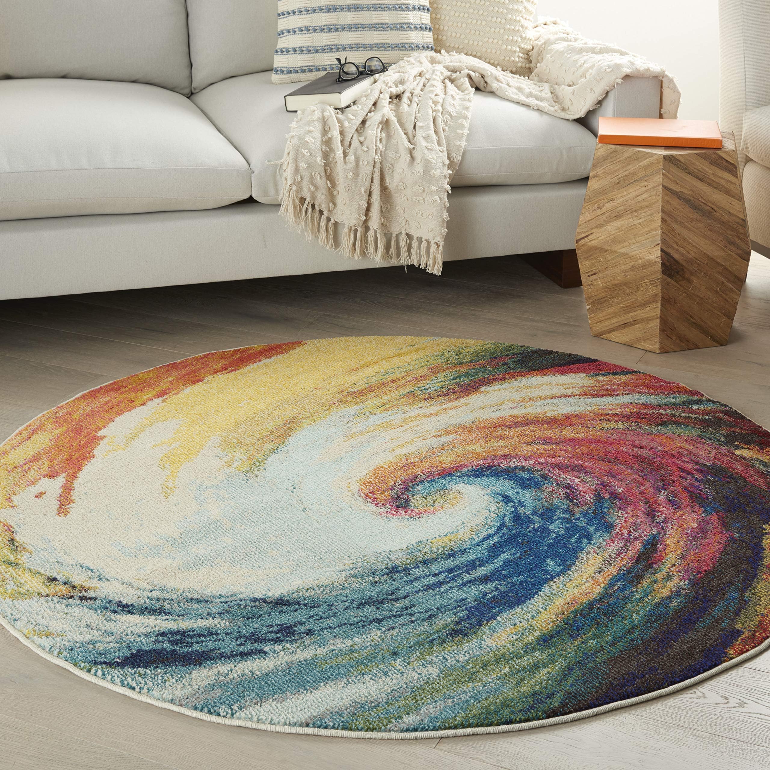 Celestial Multicolor Wave 5'3" x Round Area -Rug, Abstract, Spiral, Bed Room, Living Room, Dining Room, Kitchen, Easy -Cleaning, Non Shedding, (5' Round)