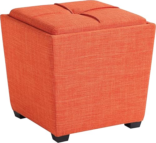 OSP Home Furnishings Ave Six Rockford - Otomana cuadrada de almacenamiento con tapicería acolchada y bandeja oculta para servir, tela mandarina