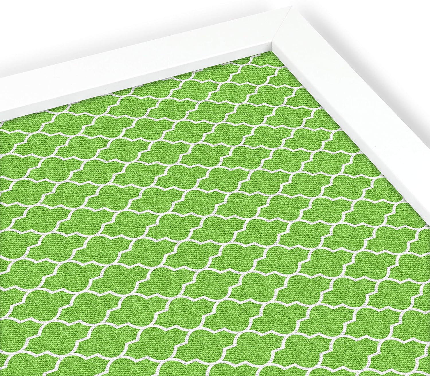 PinPix 36x24 Custom Cork Bulletin Board Quatrefoil Green Poster Board with a Canvas Style Photo Board, Framed in Satin White Frame (PinPix-281)