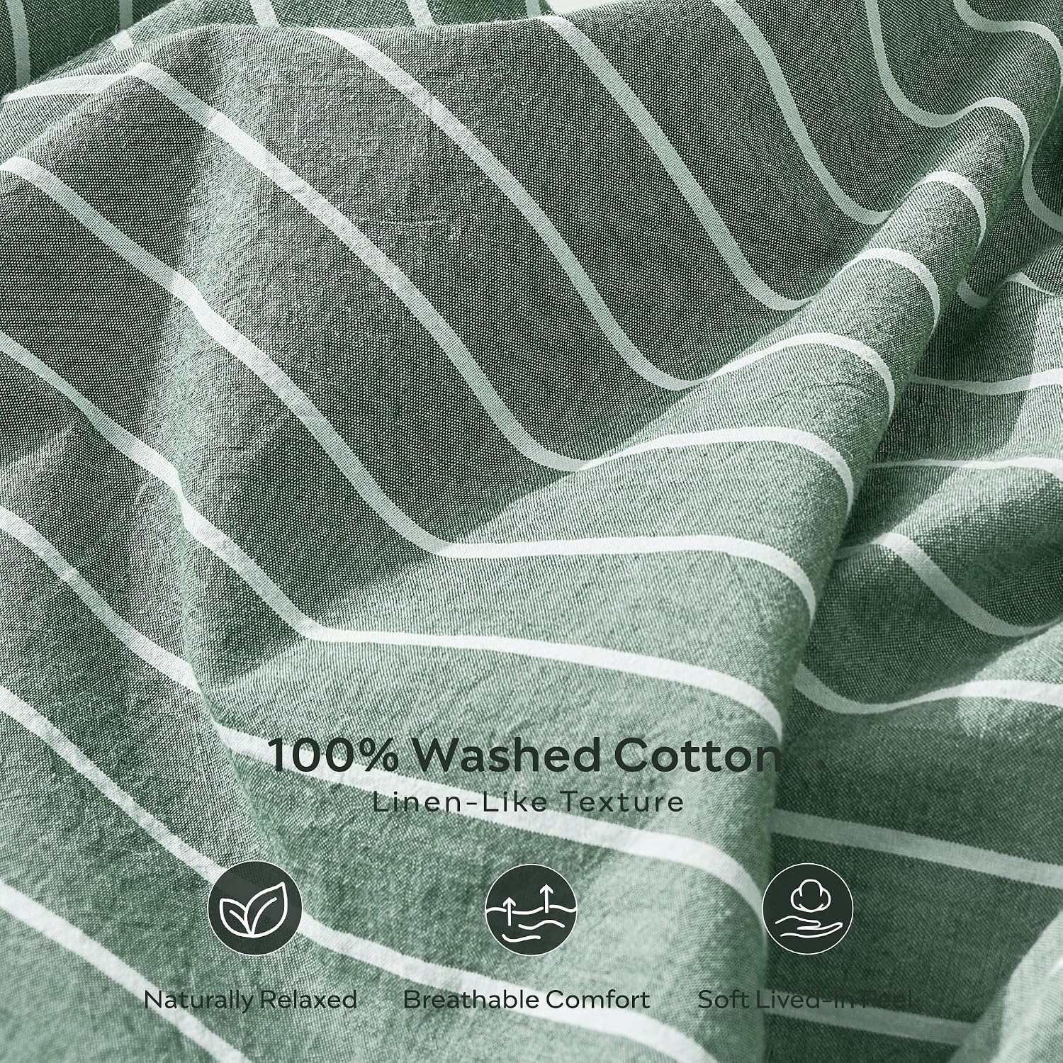 JELLYMONI 100% Washed Cotton Forest Green Striped Duvet Cover Set Full image 4