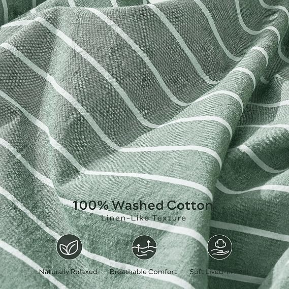 JELLYMONI 100% Washed Cotton Forest Green Striped Duvet Cover Set Twin