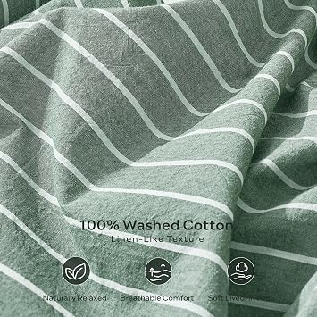 JELLYMONI 100% Washed Cotton Forest Green Striped Duvet Cover Set Twin