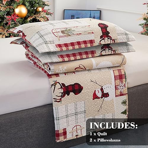 Miniatura 6 de Juego de edredón de Navidad tamaño matrimonialqueen, colcha reversible de 3 piezas, diseño de árbol de muñeco de nieve para decoración de cama de