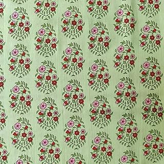 AVKA Studio Hand Block Print Fabric by The Yard - PRECUT 5 Yards 42 Inch Width - 100% Cotton Material - Pistachio Green Floral Pattern - Light Weight Indian Cloth for Making Summer Dress Tops Project