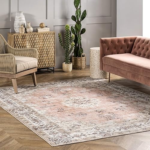 nuLOOM Ren Vintage Floral Machine Washable Area Rug, 6' x 9', Peach