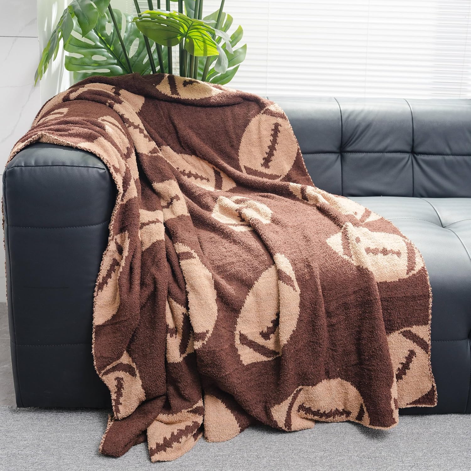 Cozy Football Throw Blanket, Lightweight Soft Sports Bedding for Adults Warm Plush Reversible Rugby Game Blanket Great Holiday Throw Blanket for Bed Sofa, Dark Brown, 51x63 inches