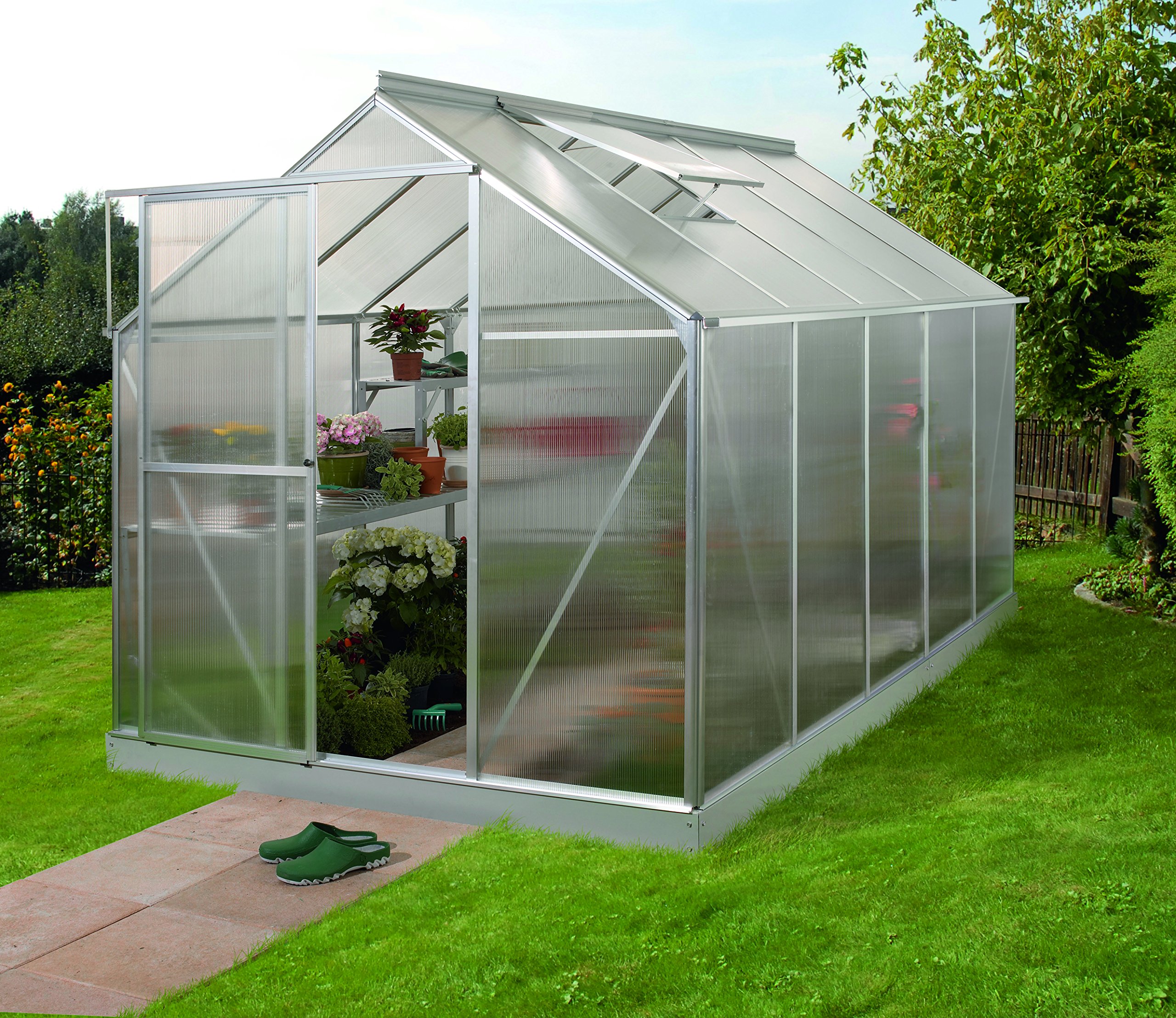 Gartenwelt Riegelsberger Gewächshaus Triton - Ausführung: 6200 HKP 4 mm Alu, Fläche: ca. 6,3 m², mit 2 Dachfenster, Sockel: 1,90 x 3,15 m