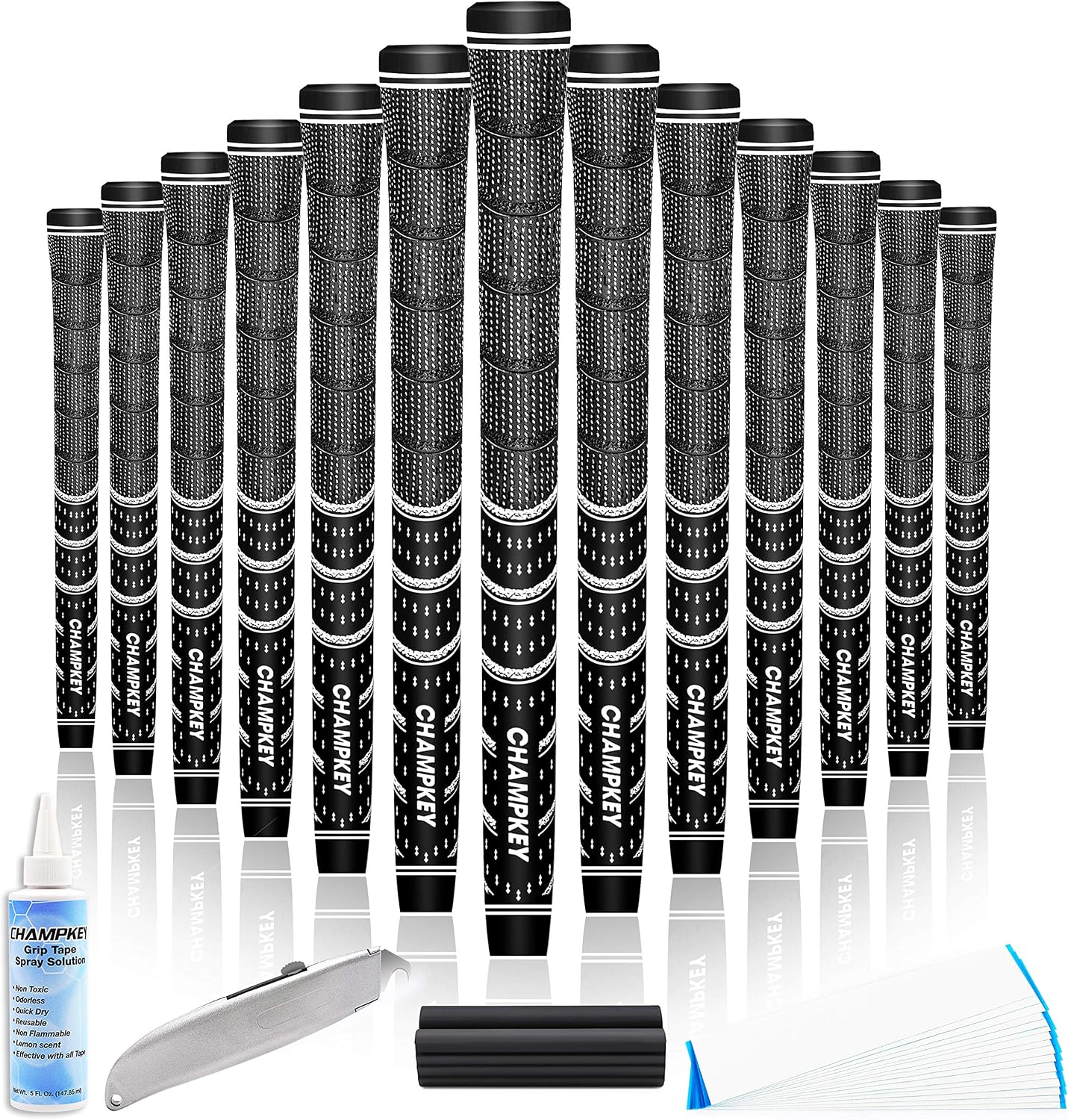CHAMPKEY Multi Compound Golf Grips 13 Pack | Come with Solvent,15 Tapes,Vise Clamp and Hook Blade | Micro Texture Control and Medium Feedback Golf Club Grips