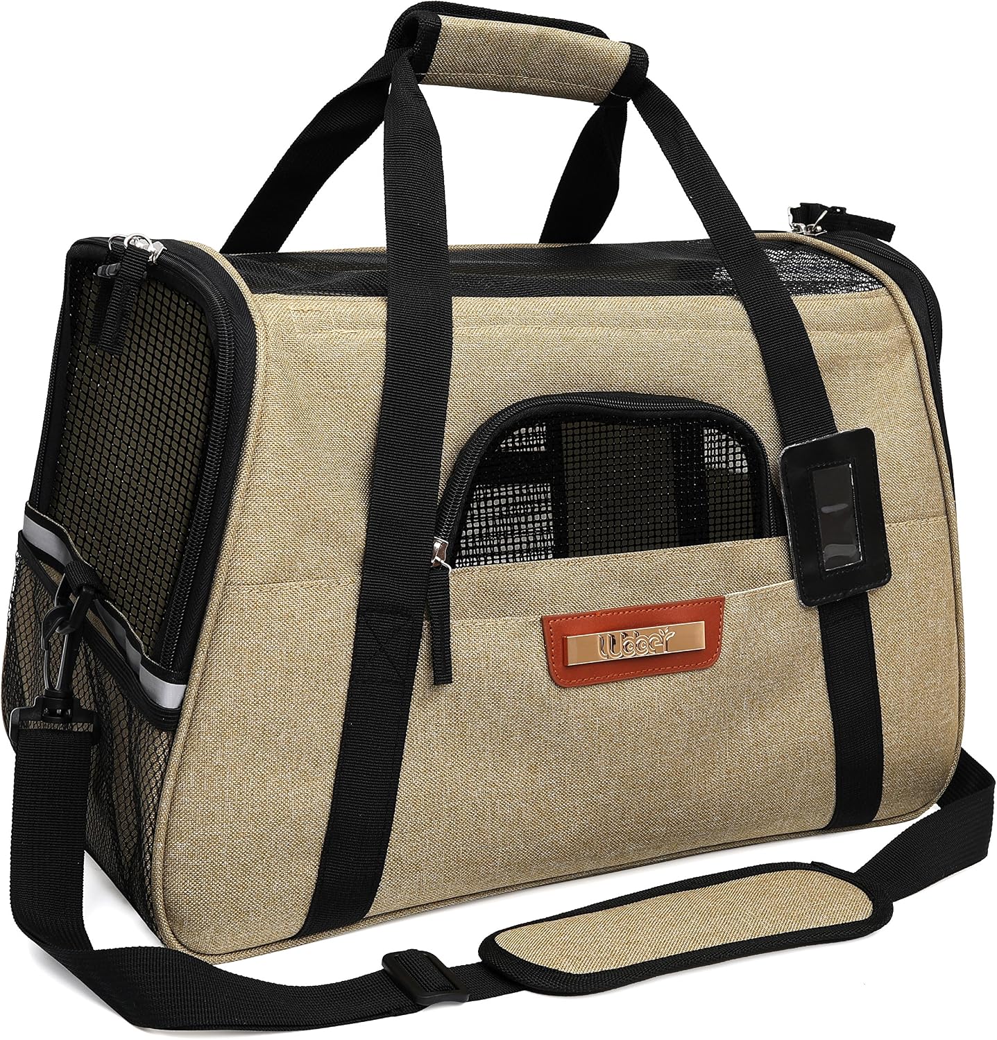 Lubber Soft Sided Pet Carrier Approved Travel Tote with Fleece Bedding Safety Lock for Small Dogs and Cats, Beige