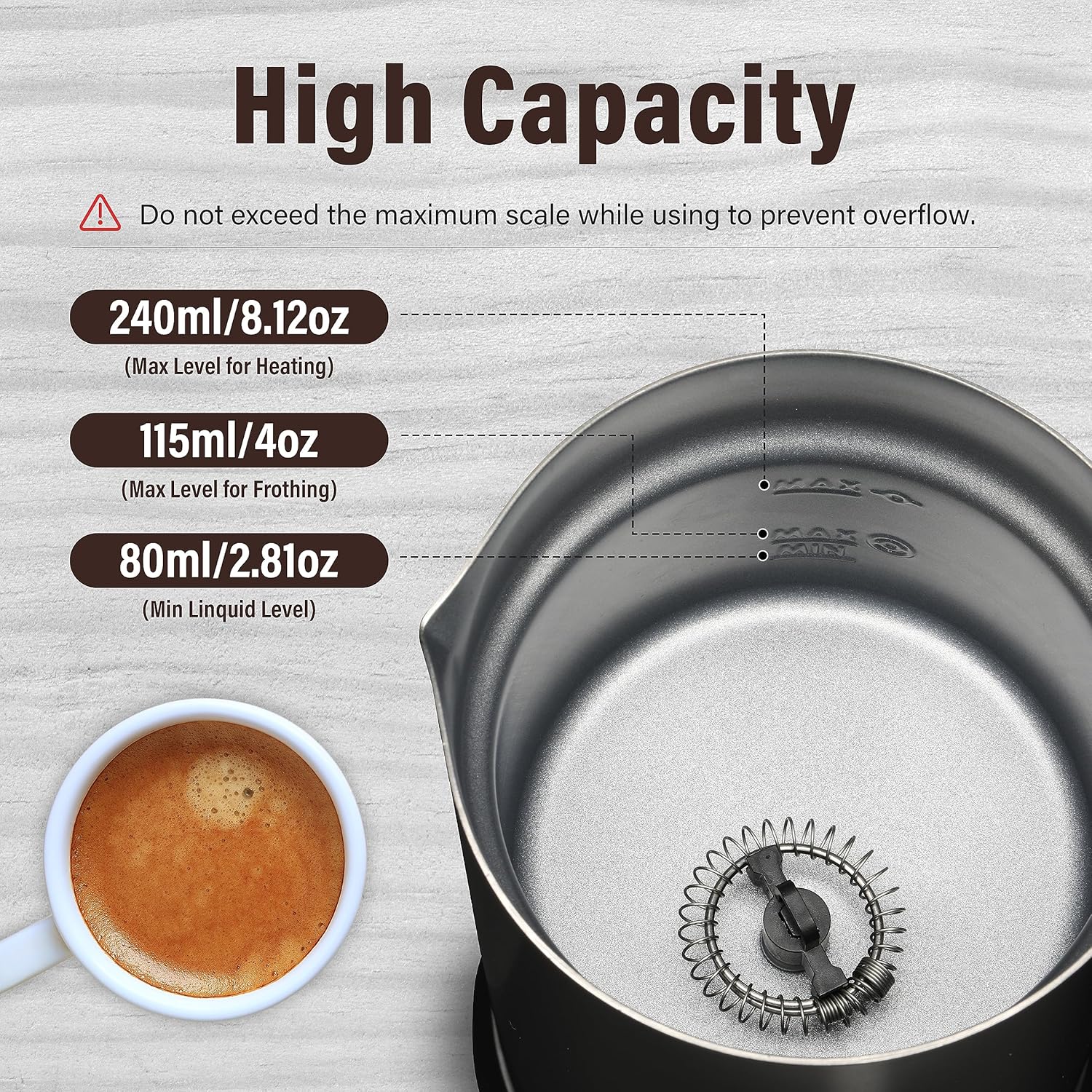 YSSOA Electric Milk Frother Handheld with Stainless Steel Stand Battery Operated Whisk Drink Mixer for Coffee, Frappe, Latte, Matcha, Hot Chocolate, Black (240ml/8.12oz, Classic Black)