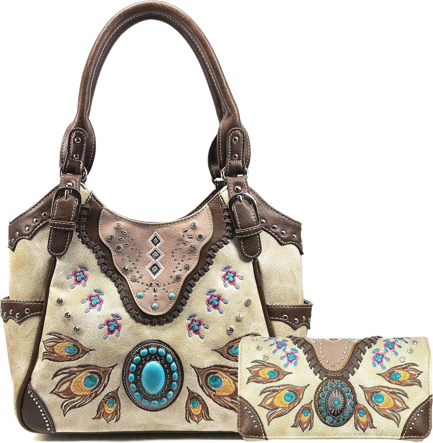 Zelris Turquoise Stone Concho Peacock Feather Women Conceal Carry Tote Purse Set