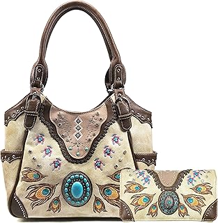 Zelris Turquoise Stone Concho Peacock Feather Women Conceal Carry Tote Purse Set (Beige)