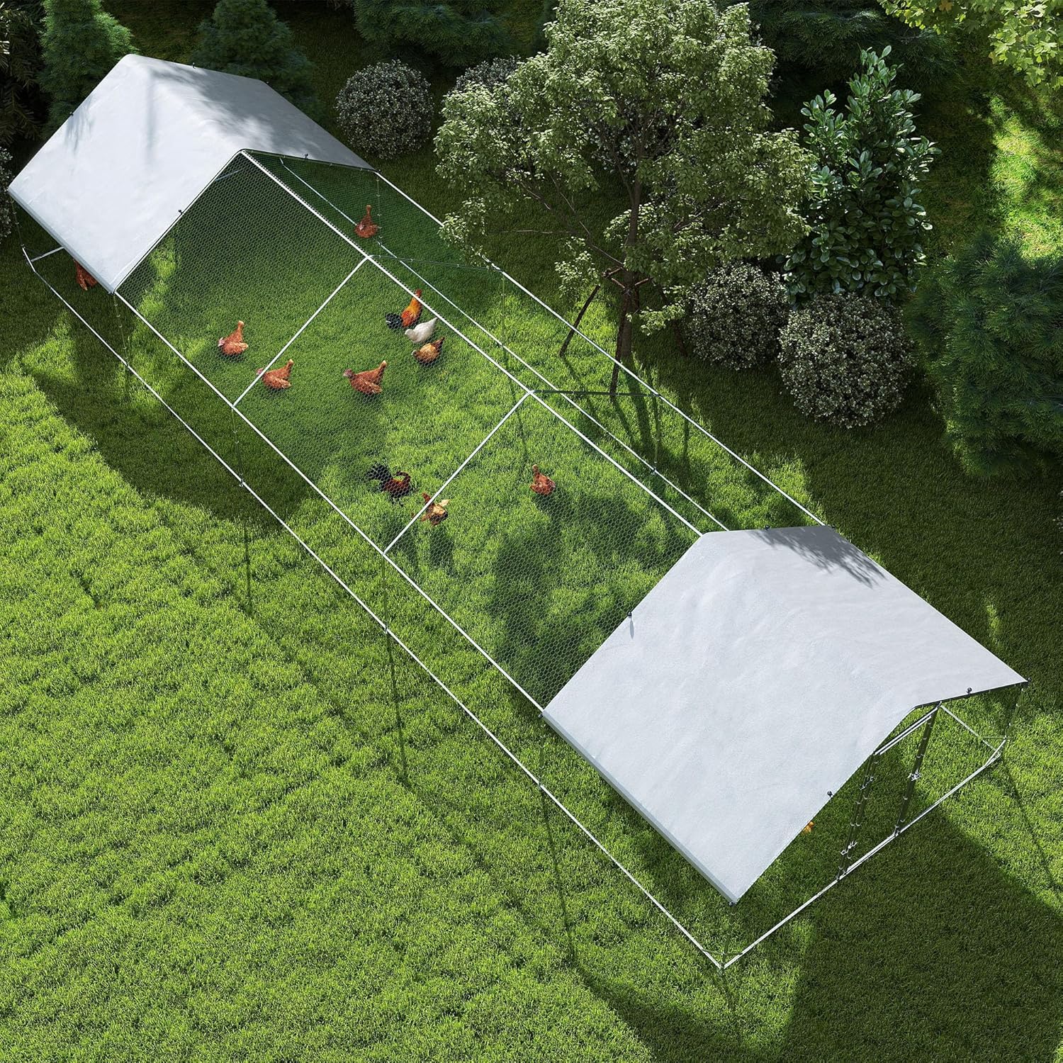 PawHut Large Chicken Coop Metal Chicken Run with Waterproof and Anti-UV Cover, Spire Shaped Walk in Fence Cage Hen House for Outdoor and Yard Farm Use, 1" Tube Diameter, 9.8' x 32.8' x 6.4'