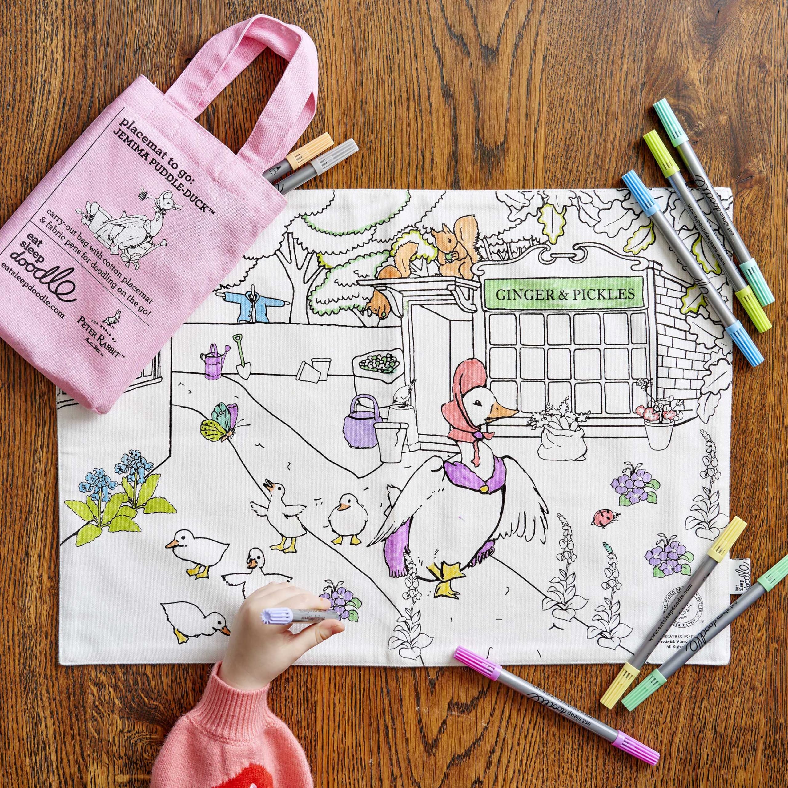 Eatsleepdoodle Jemima Puddle-Duck Peter Rabbit™ And Friends Colouring Placemat For Kids W/10Pk Washable Markers – 33X47cm ™ Colouring Placemat – Ultra Washable & Reusable Arts And Crafts For Kids