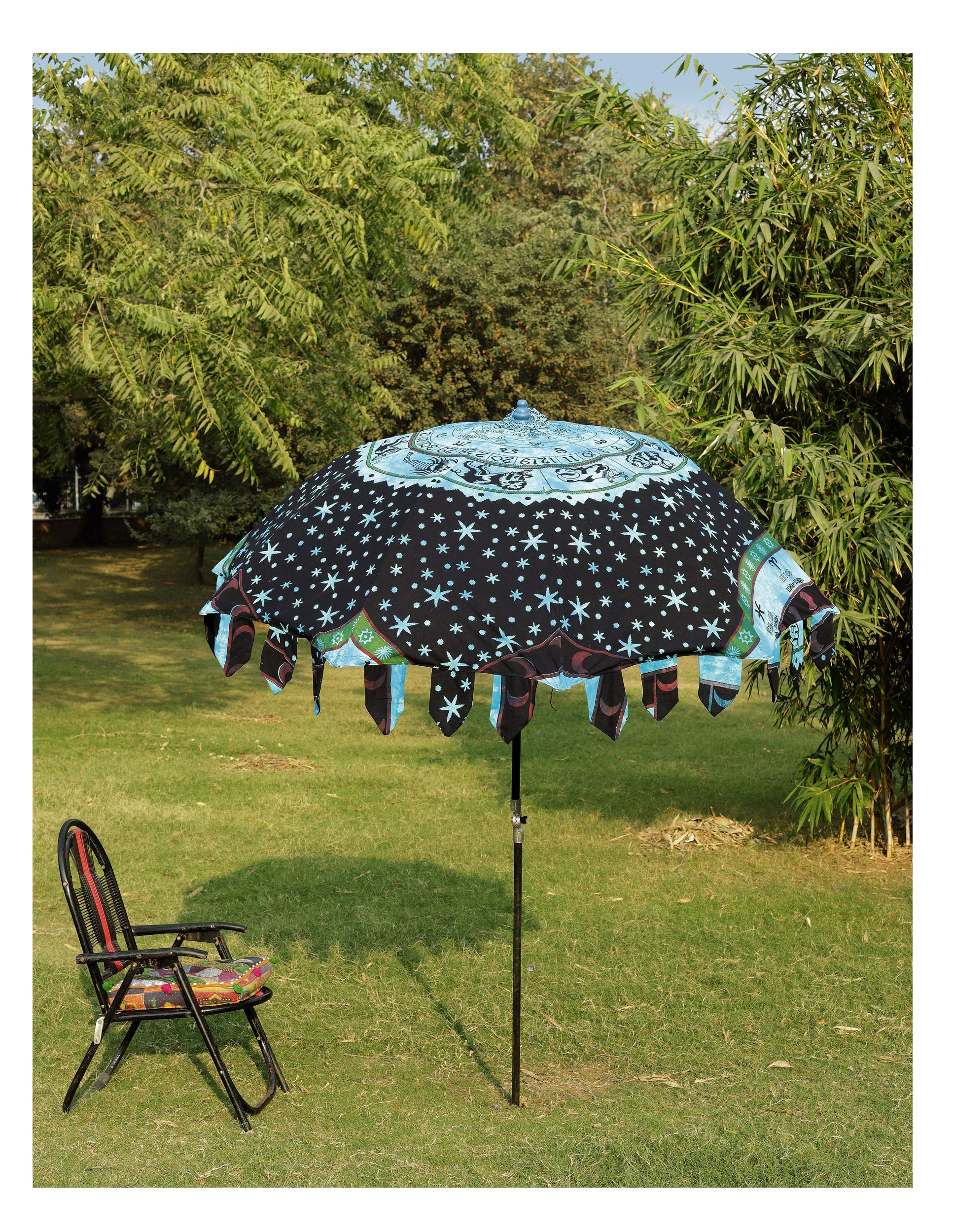 Handicraft-Palace Astrology Zodiac Design Garden Umbrella With Stand Fabric Parasol Large 80" Umbrella Sun Shade (Turquoise) 3