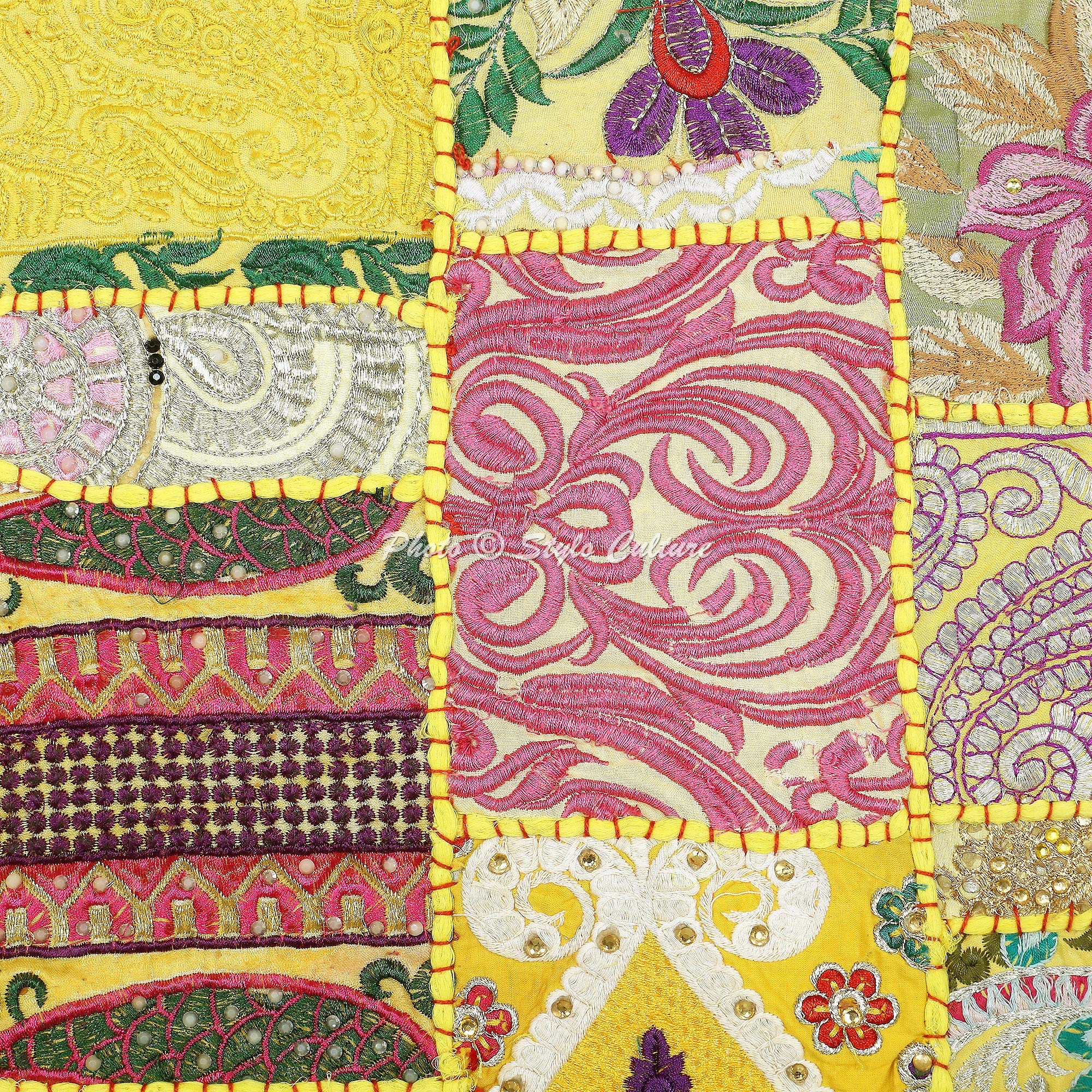 Indische Dekorativ Baumwolle Sofa Kissenbezüge 40x40 cm Zitronengelb Dekokissen Vintage Patchwork Wohnzimmer Couch Kissenhullen Blumen Quadrat Umschlagverschluss Kissen Bezüge - 5 STK.