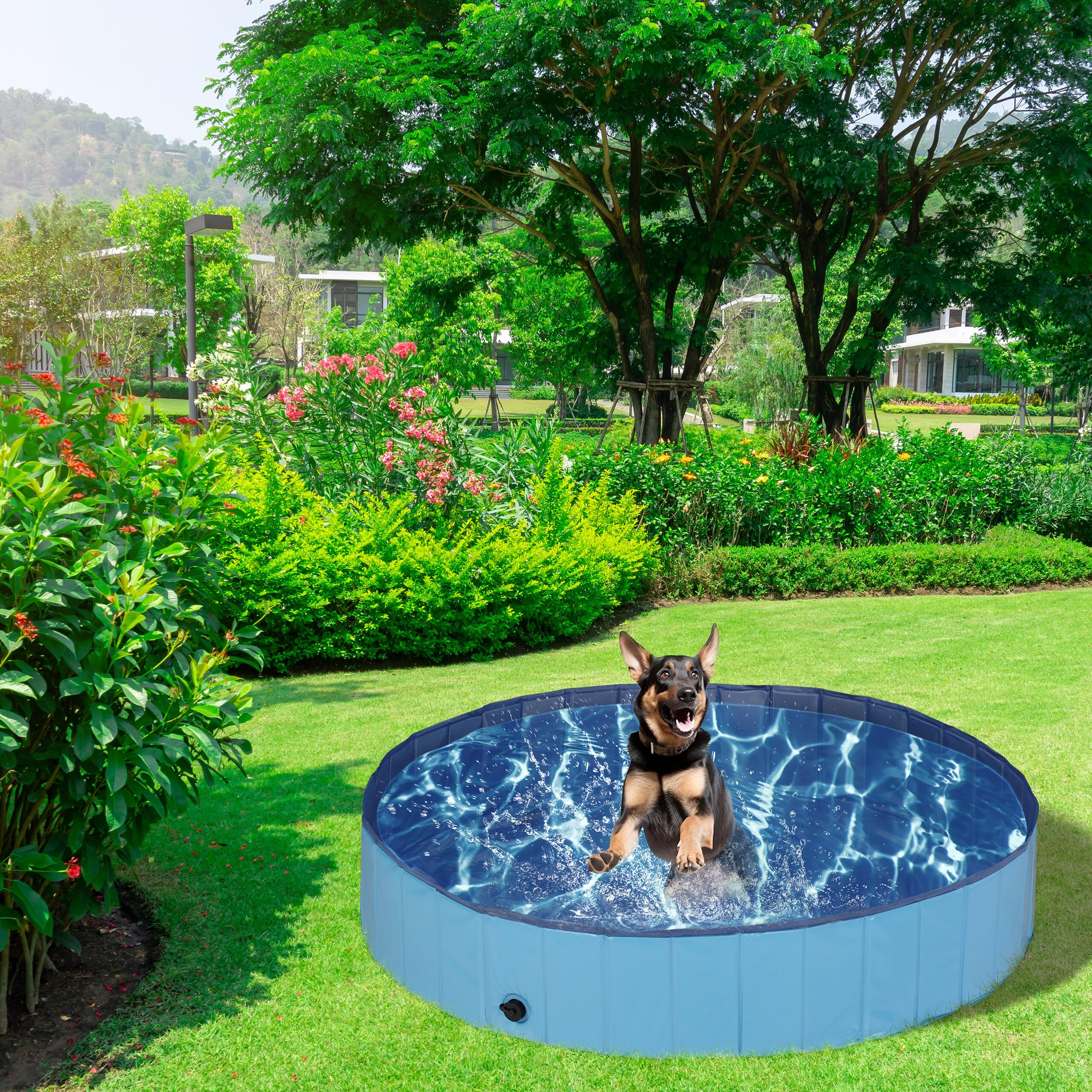 Relaxdays Piscina per Cani Taglia Grande, 30x160 cm, Piscinetta Pieghevole con Scarico, Bagno in Giardino, PVC, MDF, Blu