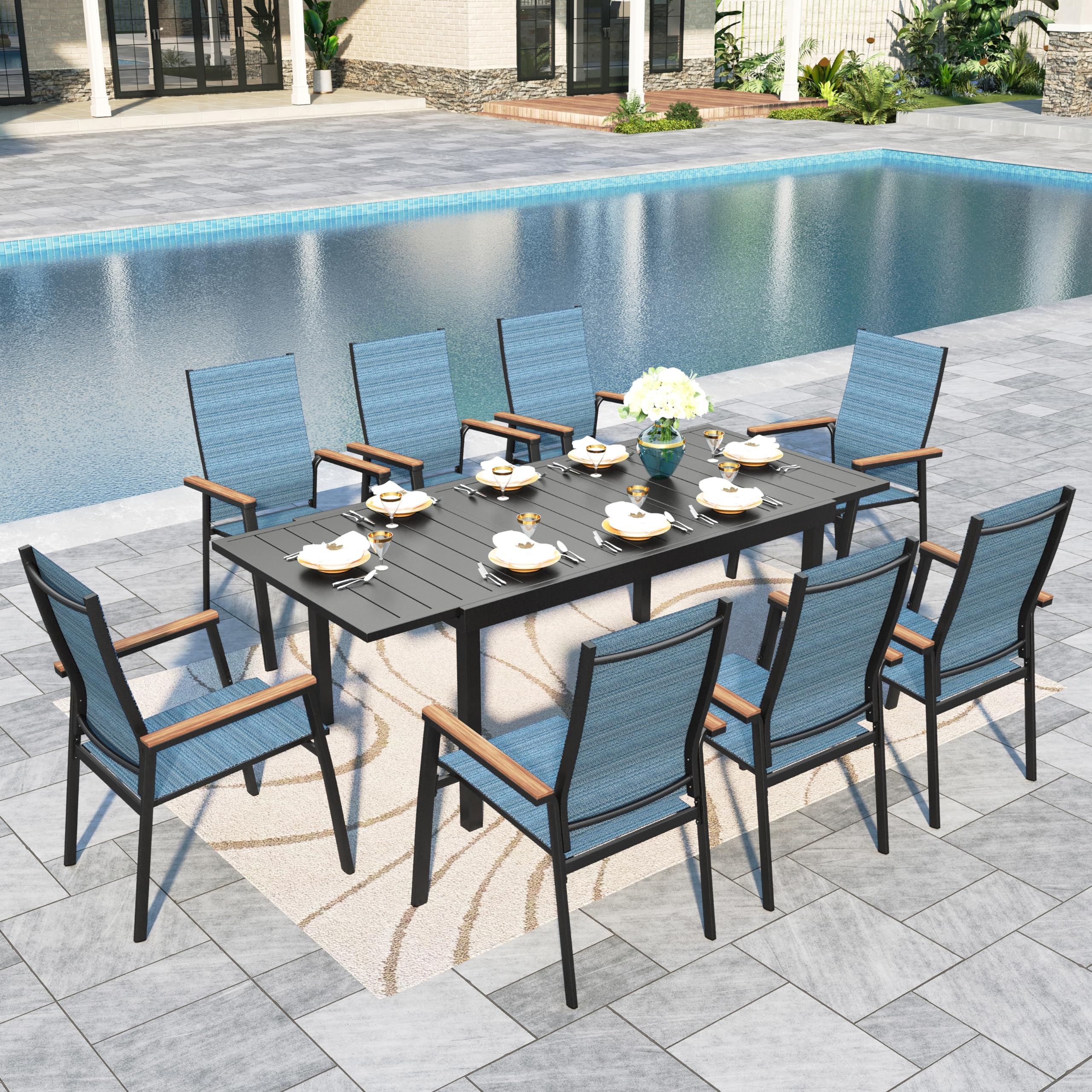 Sophia &amp; William Patio Dining Set 9 Pieces, 8 Aluminium Patio Dining Chairs with 1 Extendable Dining Table for 6-8 Person, Patio Table and Chairs for Outdoor Lawn (Blue)
