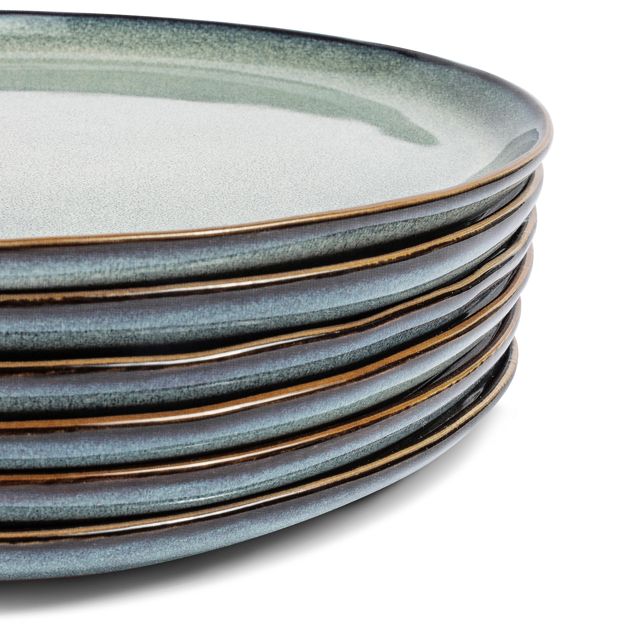 VIDI D’assiettes de Dîner Set en Vert Sauge | Service de Vaisselle 6 Pièces au Design Asymétrique | Ø26,5 cm en Grès | Compatible Four, Micro-ondes et Lave-vaisselle | Vaisselle Pour 6 Personnes