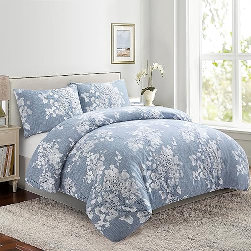 Juego de funda de edredón de 3 piezas con 2 fundas de almohada, con estampado floral romántico y lavado de tinta, ultra suave y sedoso de bambú para