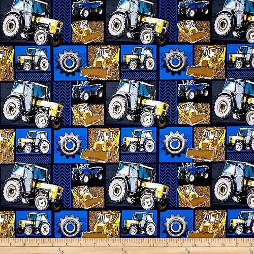 David Textiles Construcción Zona Maquinaria Patchwork Azul/Multi Edredón Tela Por La yarda, Azul/Multicolor