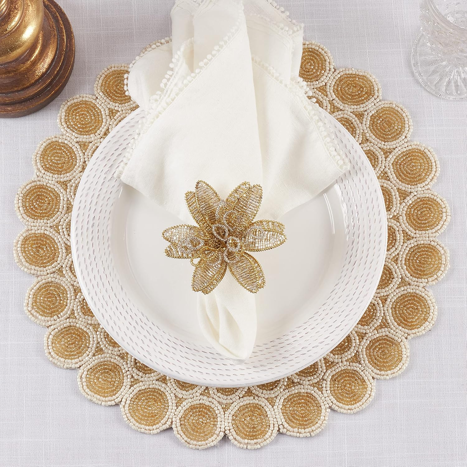 Gold Beaded Flower Design Napkin Rings, Set of 4