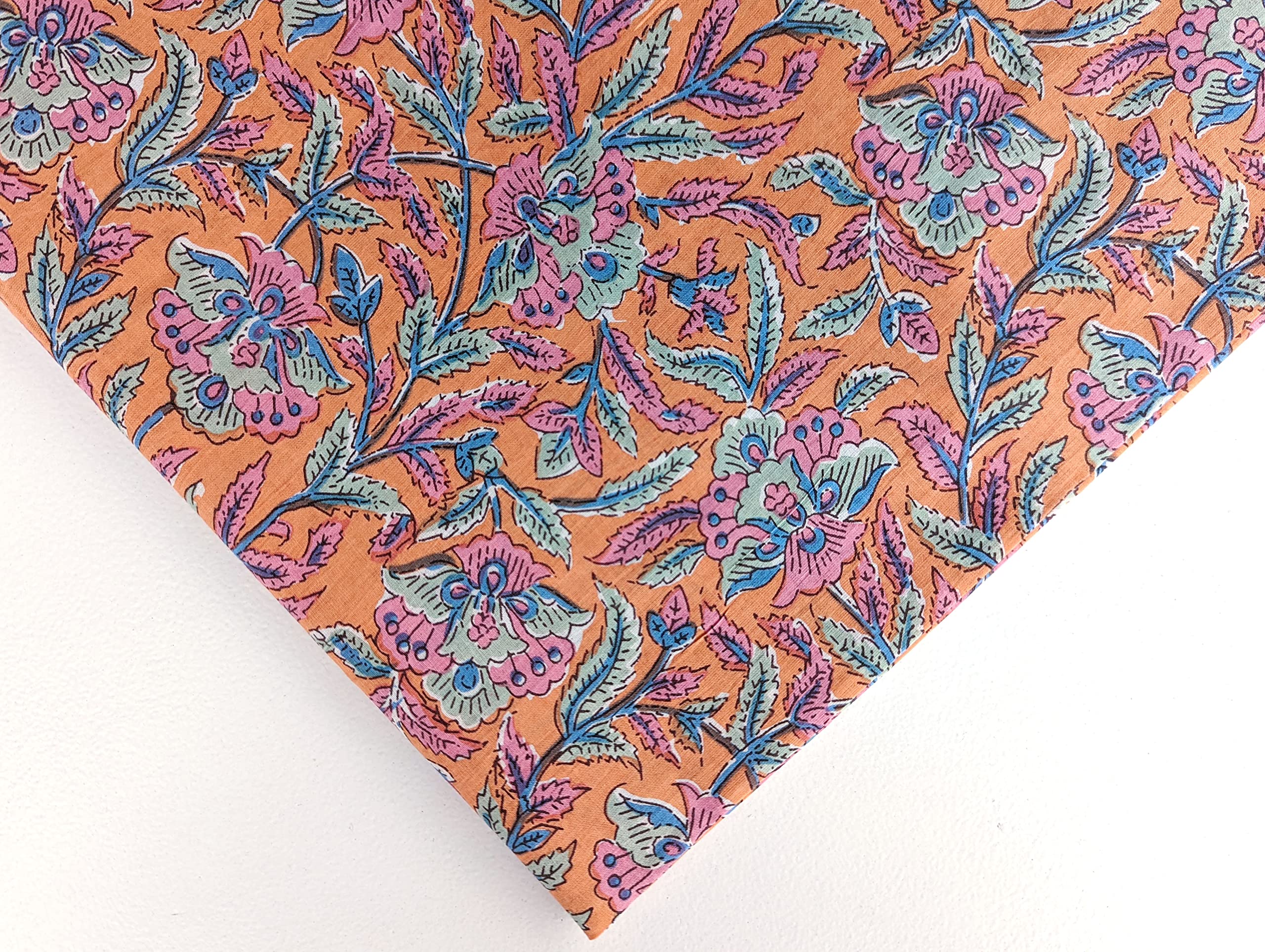 AVKA Studio Hand Block Print Fabric by The Yard - PRECUT 1 Yard 42 Inch Width - 100% Cotton Material - Orange Floral Pattern
