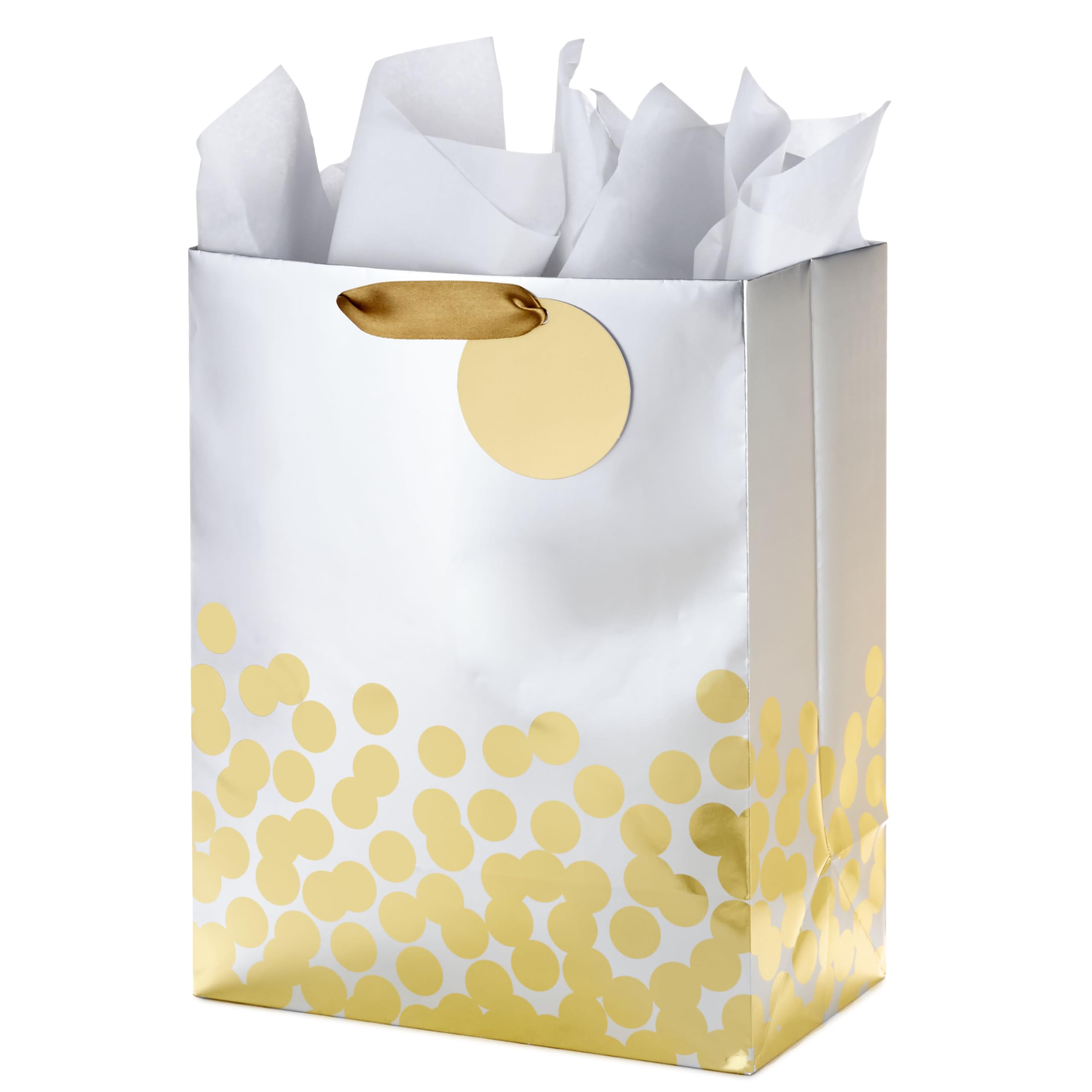 Hallmark 13" Large Gift Bag with Tissue Paper (Gold Foil Dots on Silver) for Valentine's Day, Graduations, Engagements, Bridal Showers, Weddings, Any Occasion