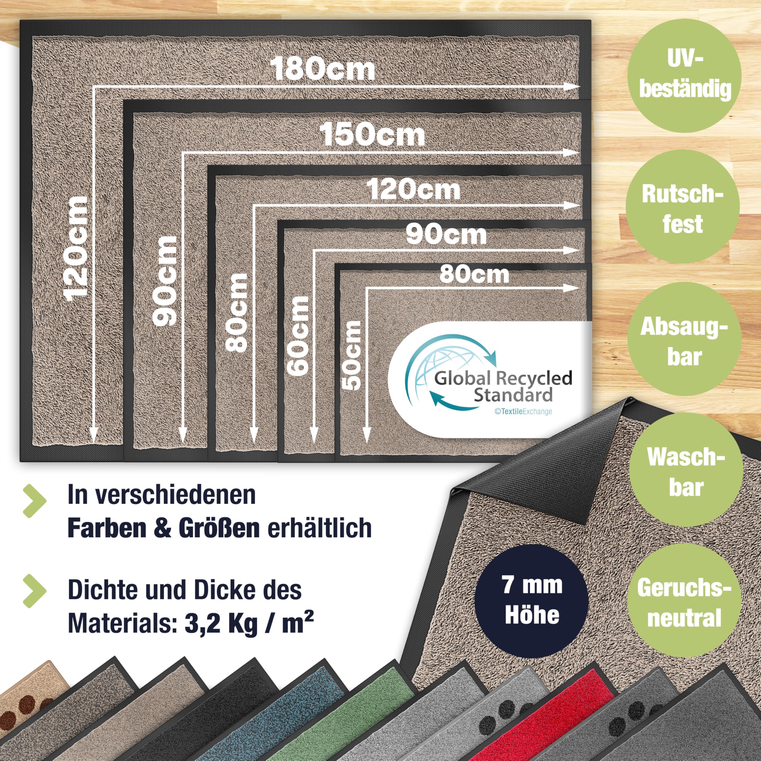 KESSER Zerbino antiscivolo, per interni ed esterni, lavabile e resistente alle intemperie, 7 mm di spessore e 3,2 kg/m², per ingresso della porta, tappeto per ufficio e antisporco, zerbino