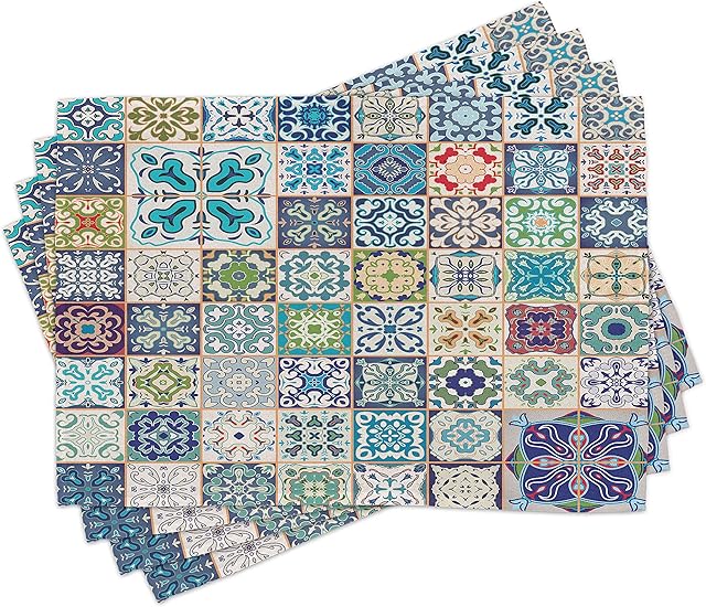 ABAKUHAUS Moroccan Place Mats Set of 4, Flora, Washable Fabric Placemats for Dining Room Kitchen Table Decor, Multicolor