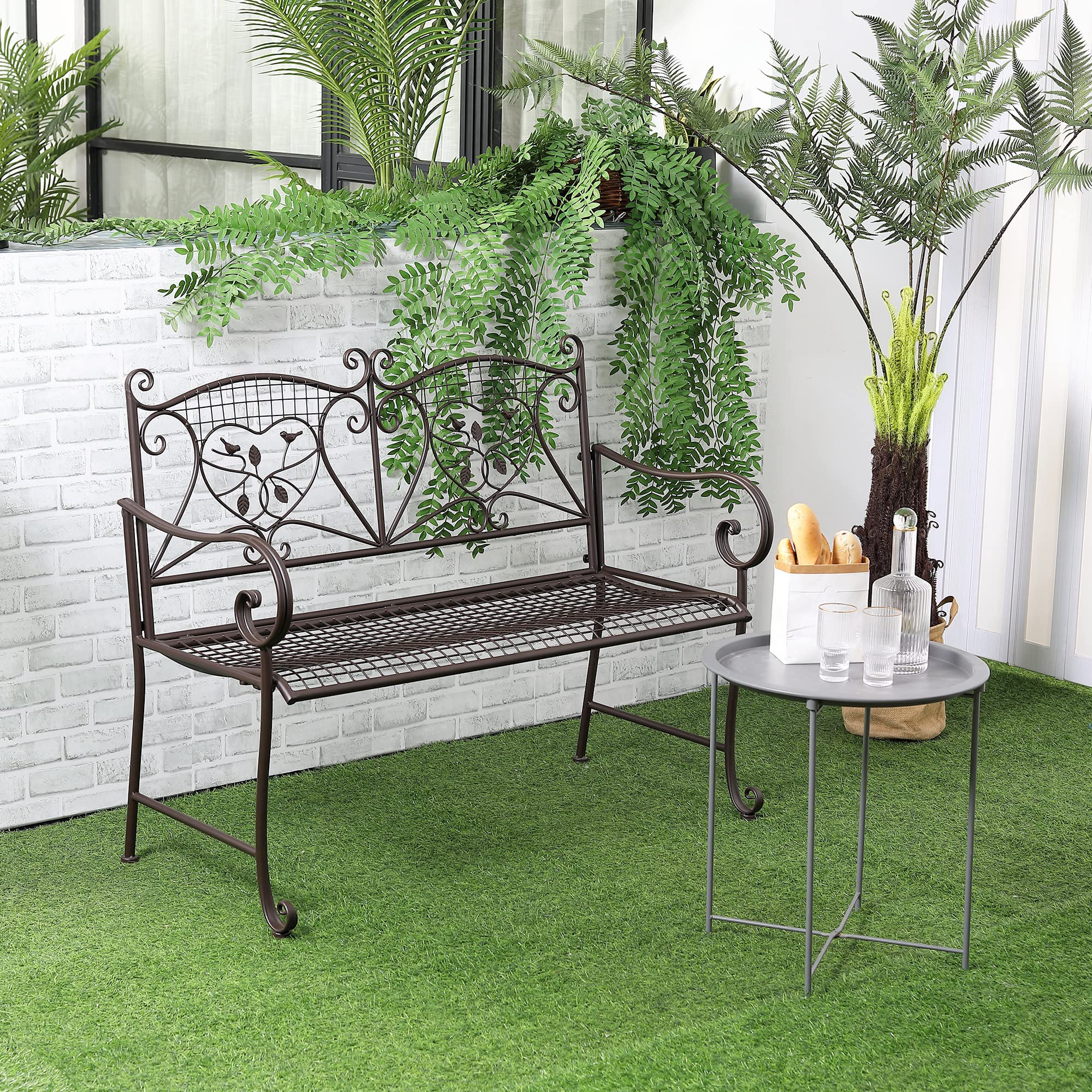 Outsunny tuinbank 2-zits parkbank met rugleuning tot 220 kg tuinmeubelen weerbestendig antiek metaal koffie 114 x 53,3 x 91 cm