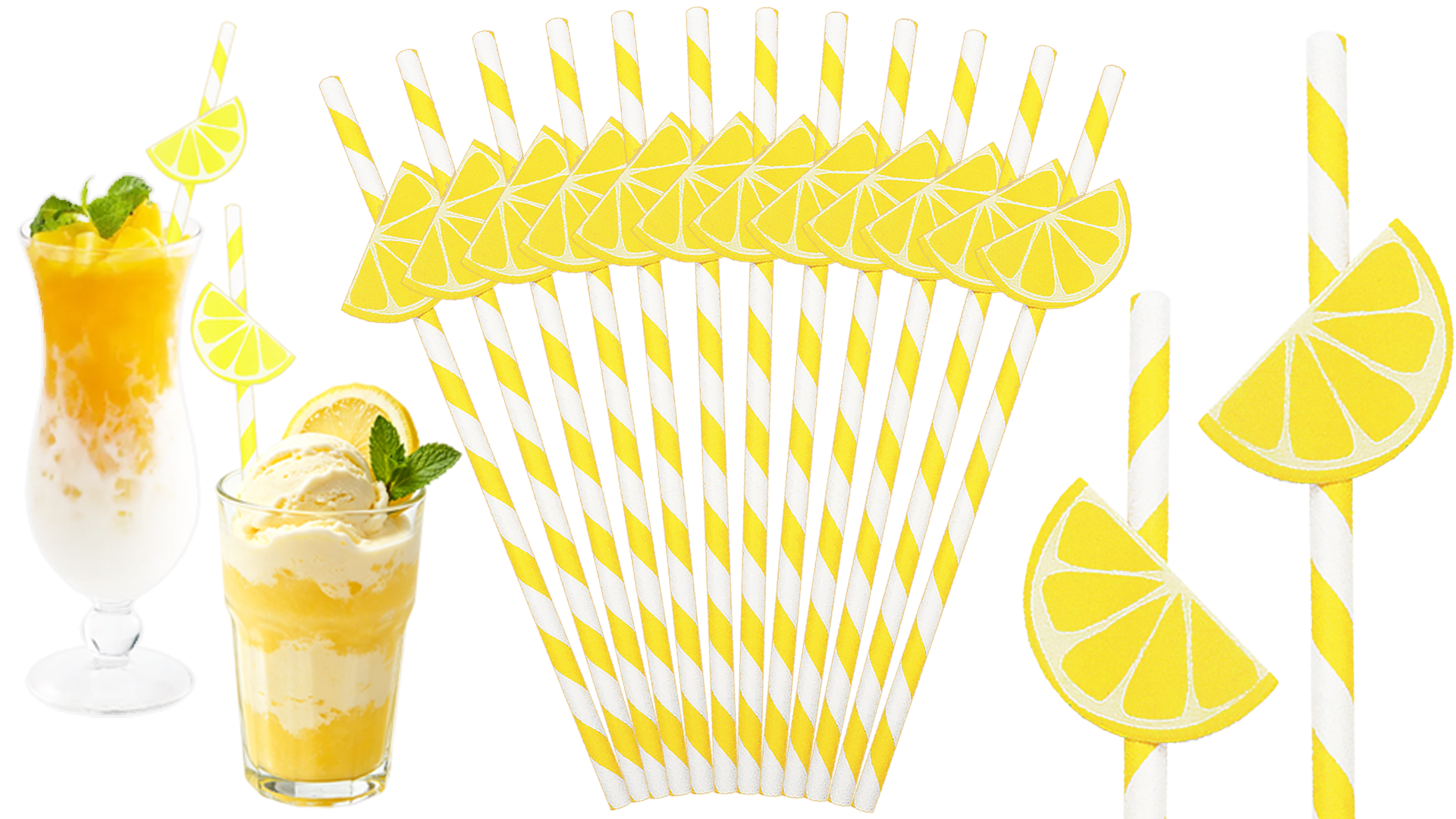 60 pitillos de papel limón desechables rayados amarillo miniatura 7